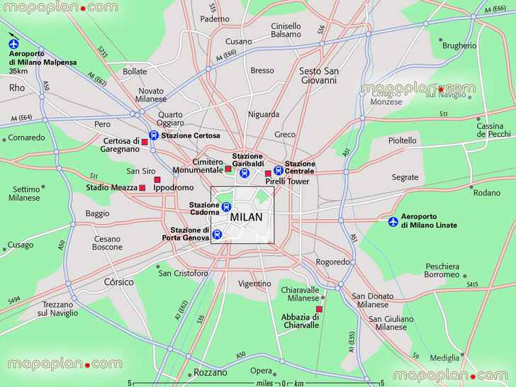 Milan region visitors driving guide airports urban navigation directions greater Milan metro area italys Milan Top tourist attractions map