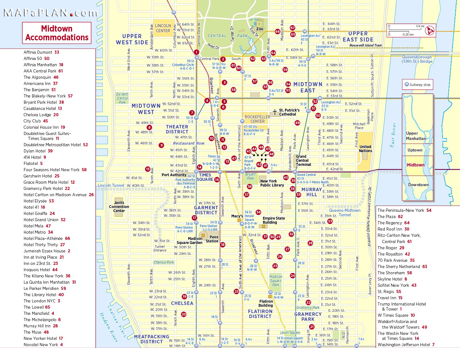 Midtown Manhattan Hotel Accommodations New York Map