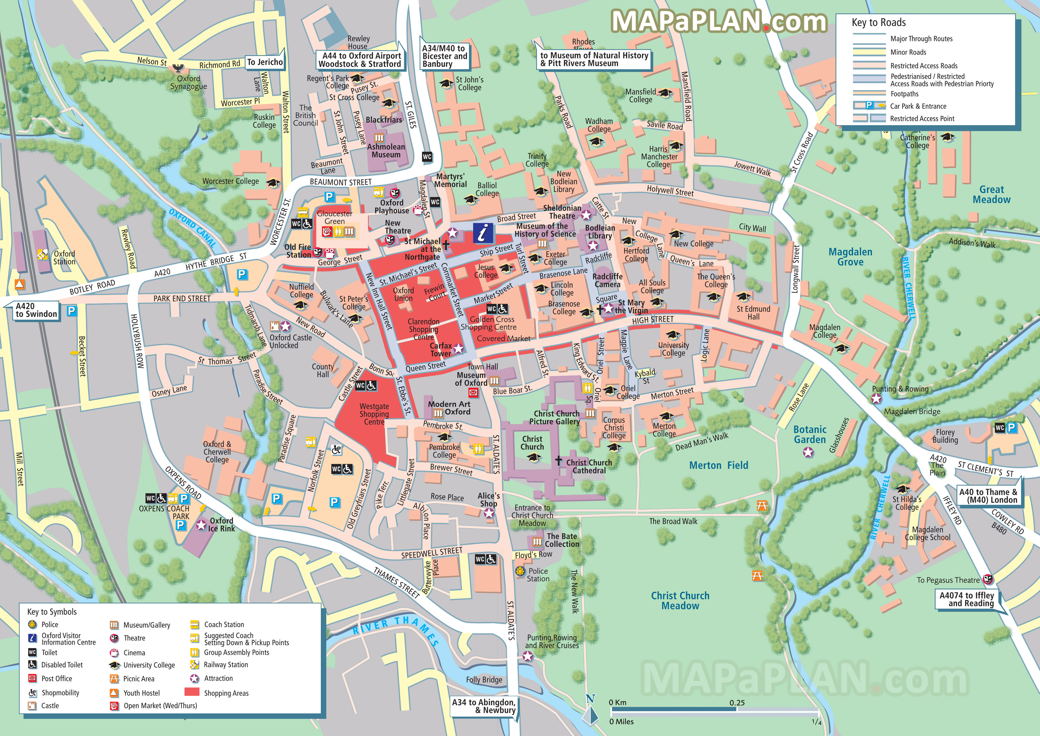 City centre detailed street travel plan with must see places sights landmarks to visit Oxford top tourist attractions map