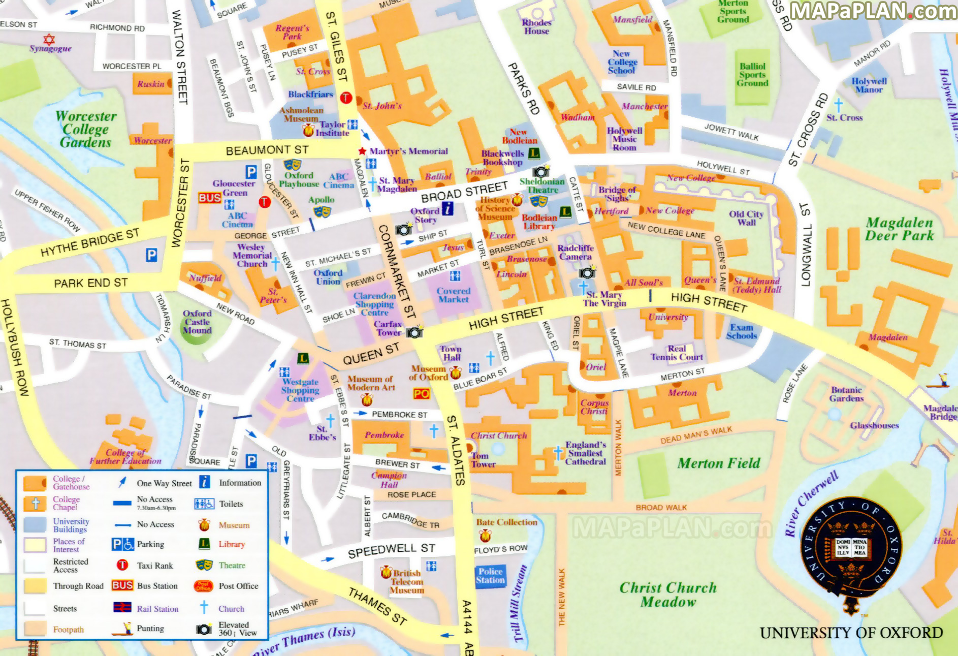 What to see where to go what to do Town centre High Street major points of interest tourist information Oxford top tourist attractions map