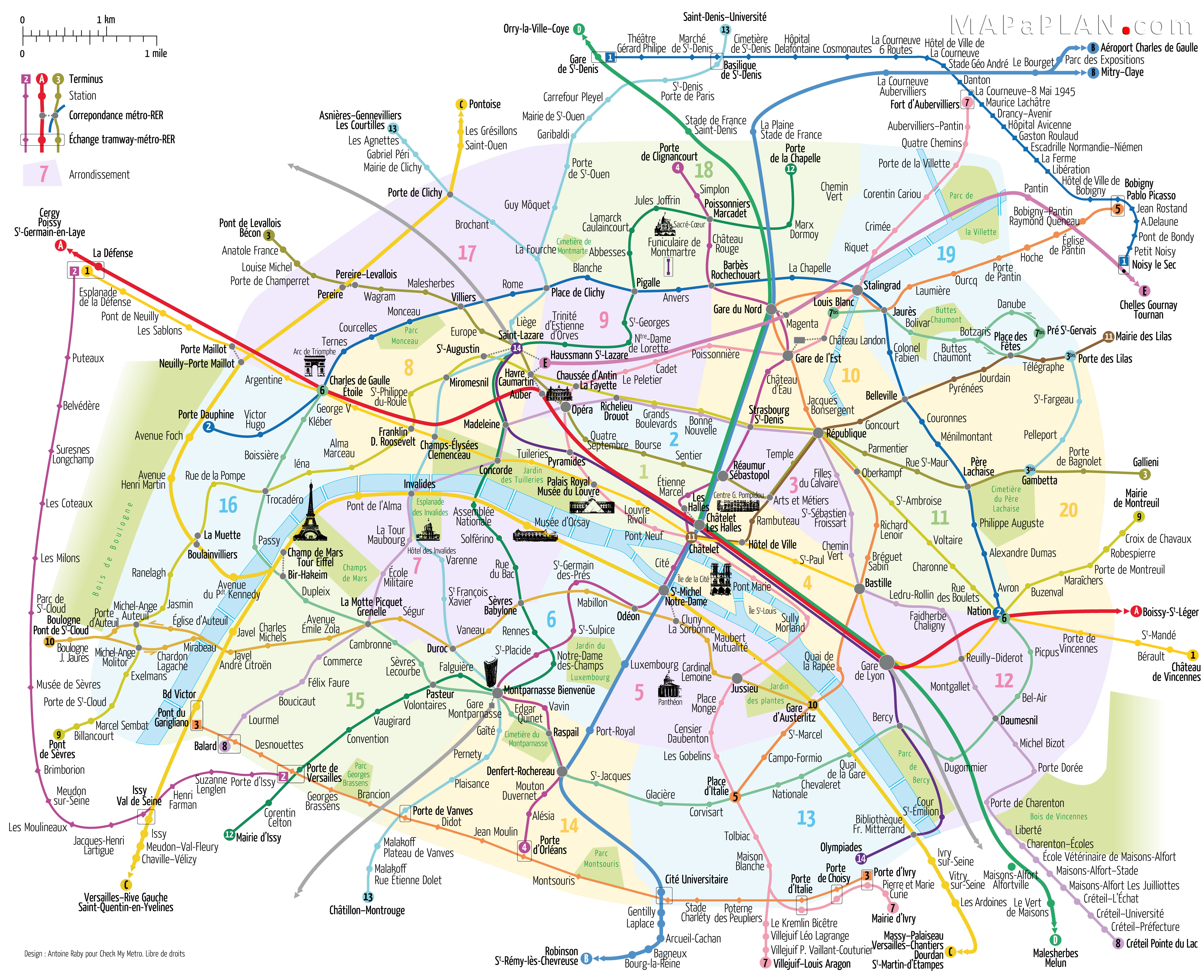 Paris top tourist attractions map Metro with favourite sights