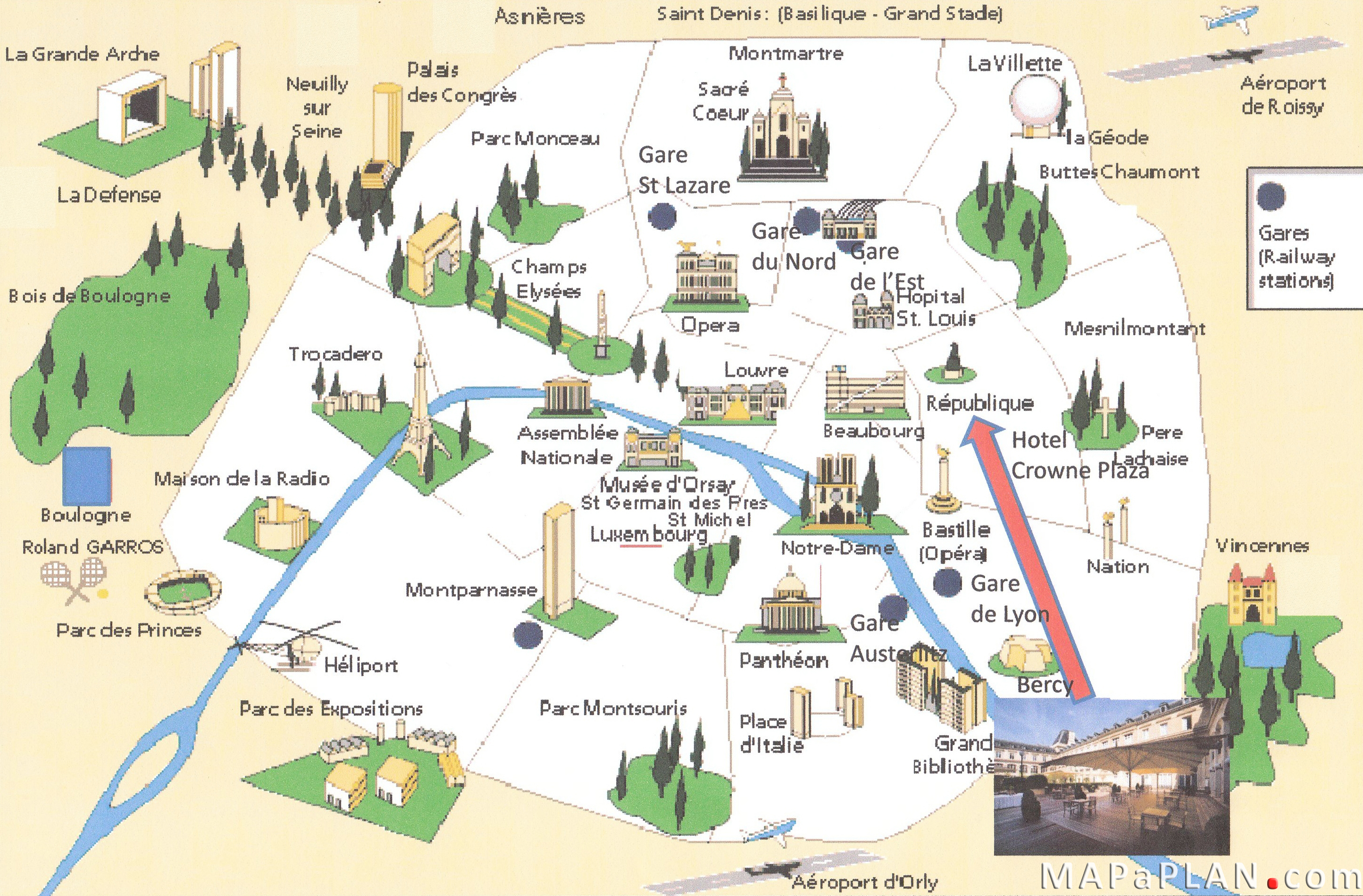 Paris top tourist attractions map Landmarks aerial birds eye view