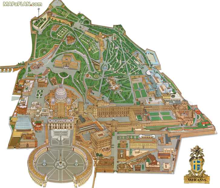 Vatican City birds eye aerial 3d main buildings view Rome top tourist attractions map