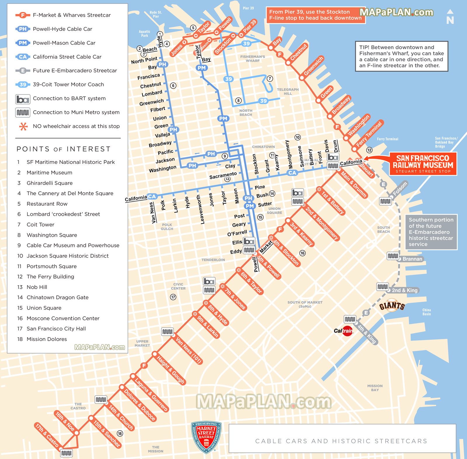 cable cars historic streetcars trams nob hill ferry building maritime museum coit tower San Francisco top tourist attractions map