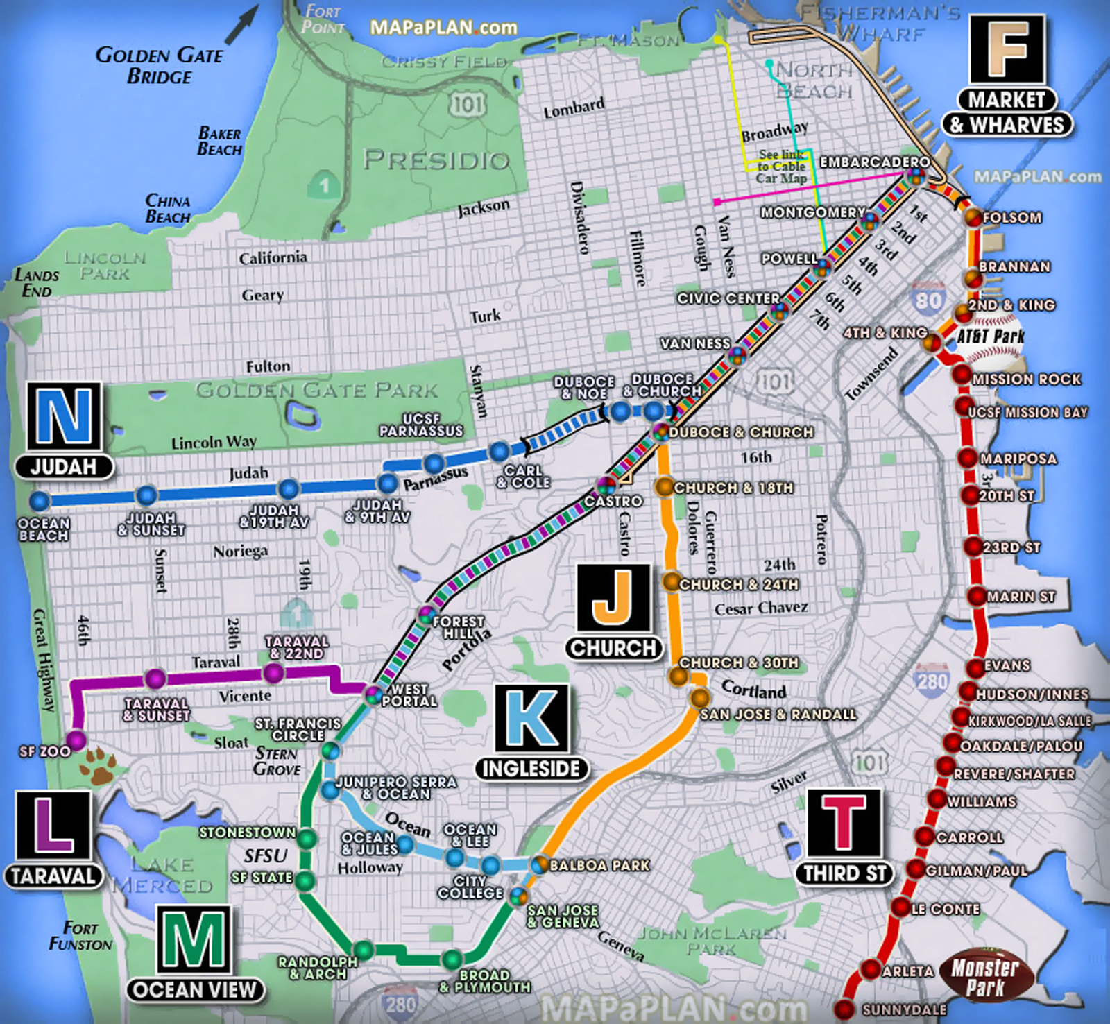 muni metro subway underground tube stations directions embarcadero powell civic center San Francisco top tourist attractions map
