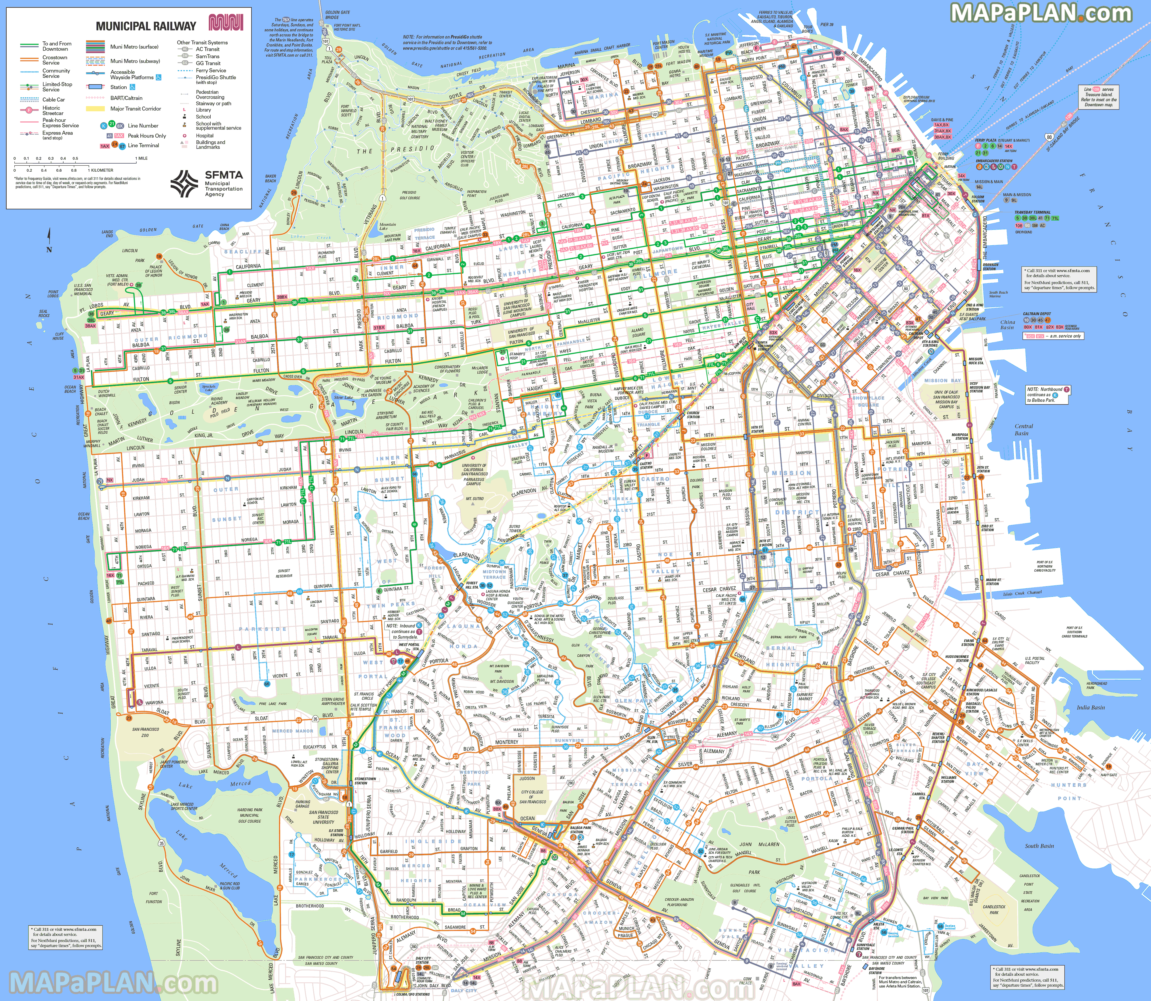 municipal railway transit system crosstown caltrain stops ferry service bus candlestick park San Francisco top tourist attractions map