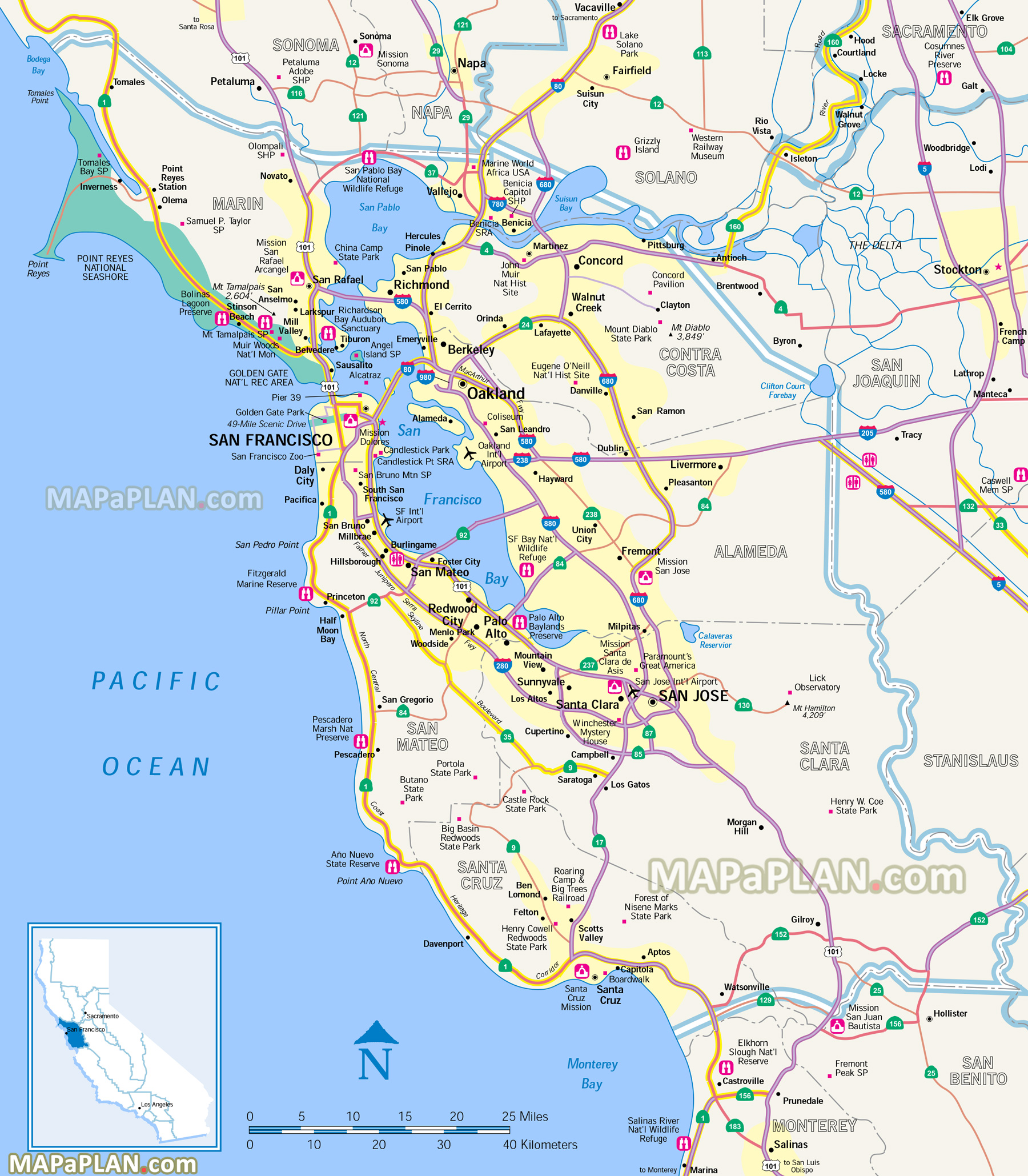 San Francisco penisula surrounding bay area northern california cities sausalito zoo pier 39 San Francisco top tourist attractions map