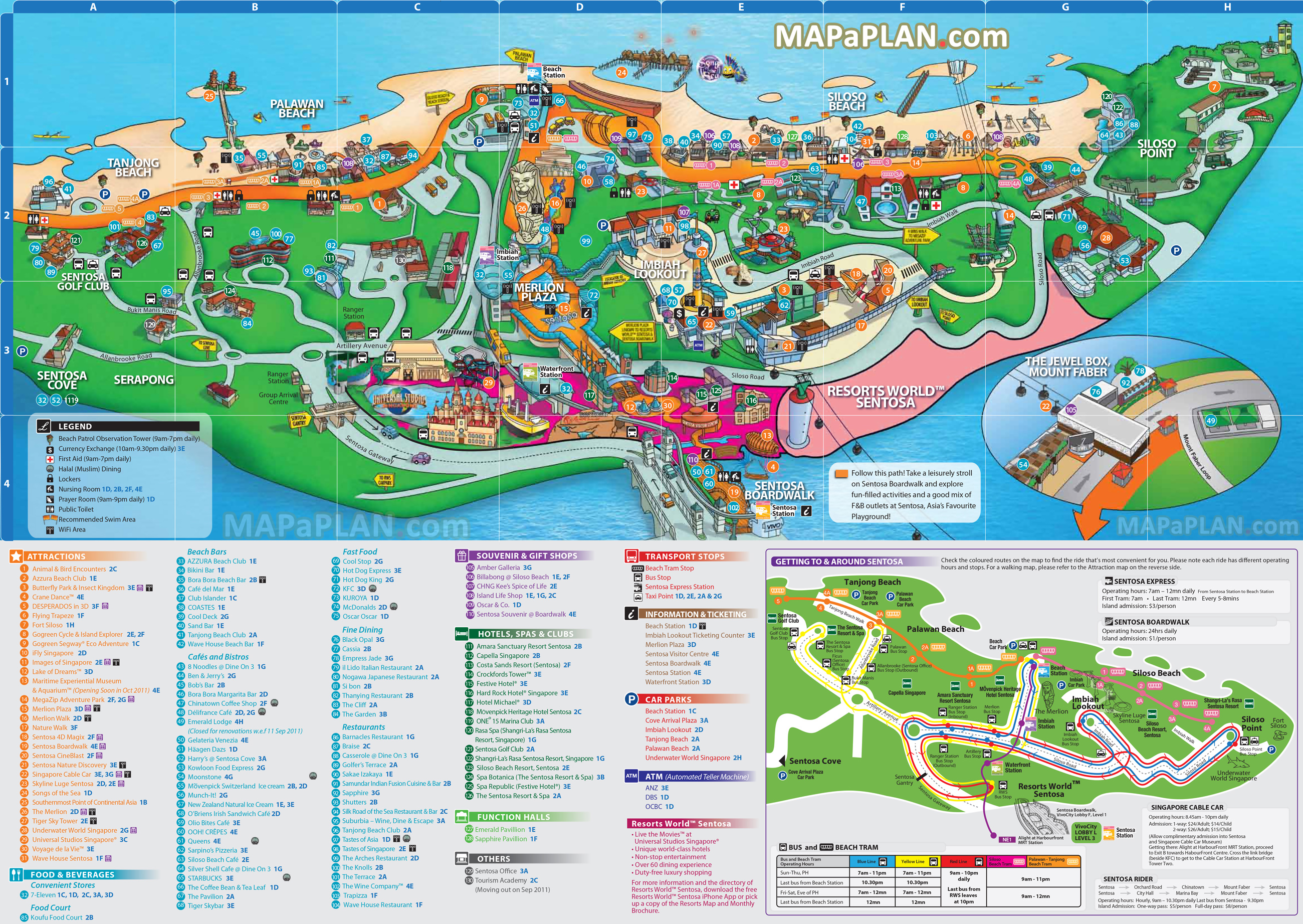 Sentosa Island with Universal Studios, Underwater World and beaches Singapore top tourist attractions map