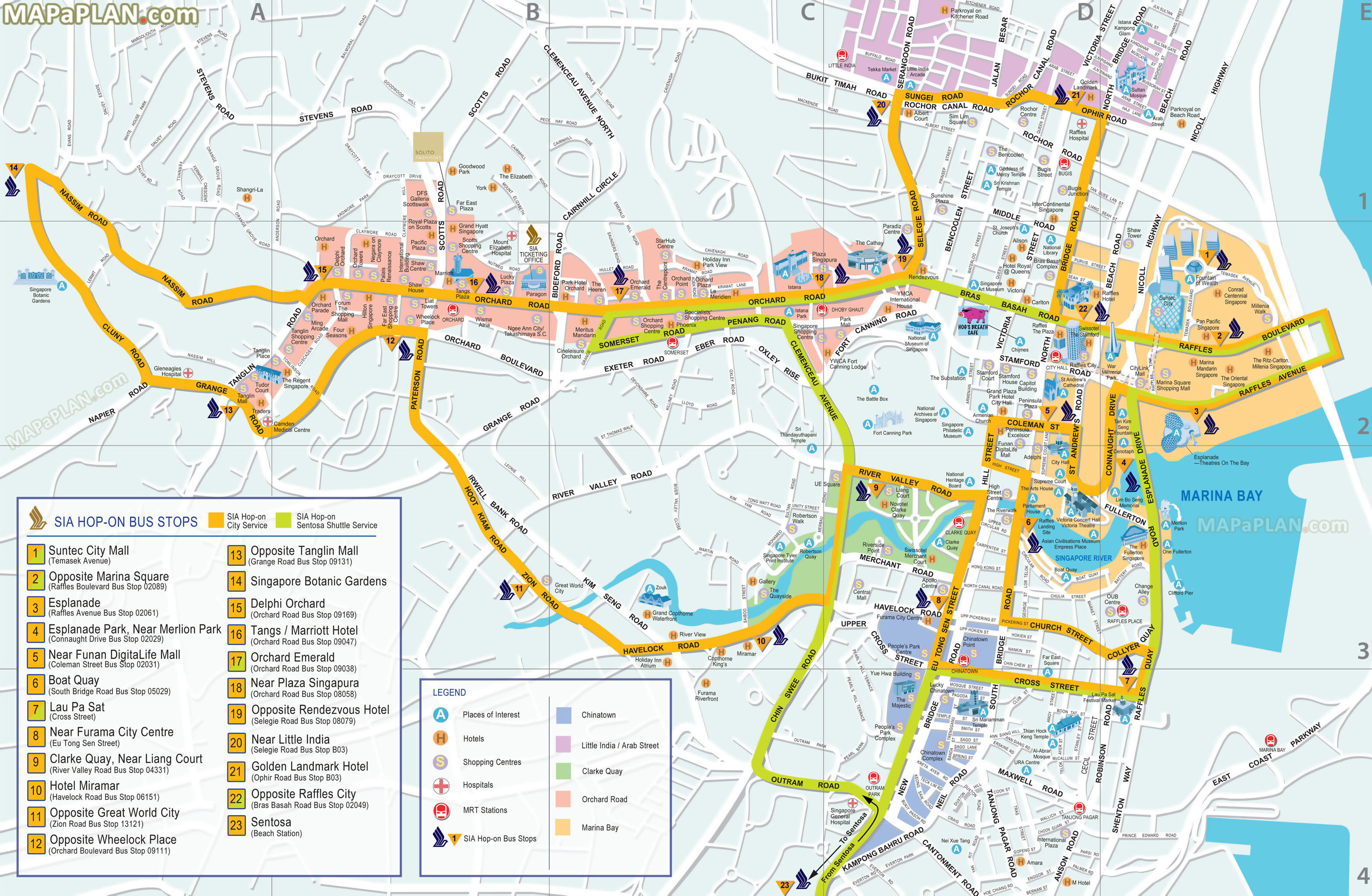 SIA double decker open top sightseeing hotspots bus stops Singapore top tourist attractions map