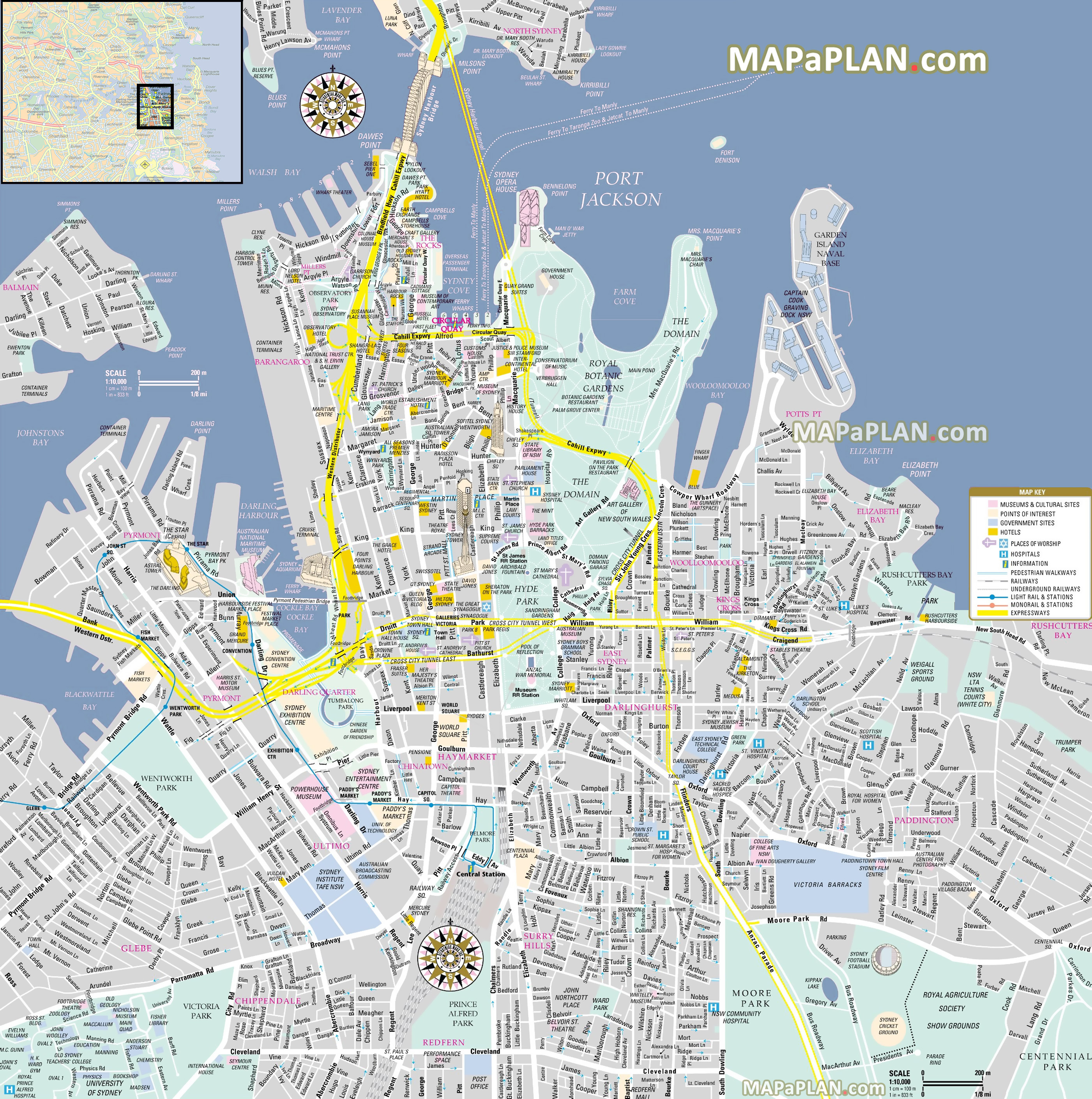 Sydney map - Inner city centre CBD detailed street travel guide ...