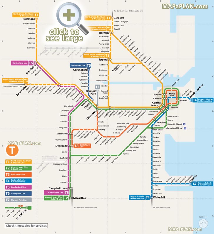 official public transport rail network diagram stations train lines t1 t2 t3 t4 t5 t5 t6 t7 metro area Sydney top tourist attractions map