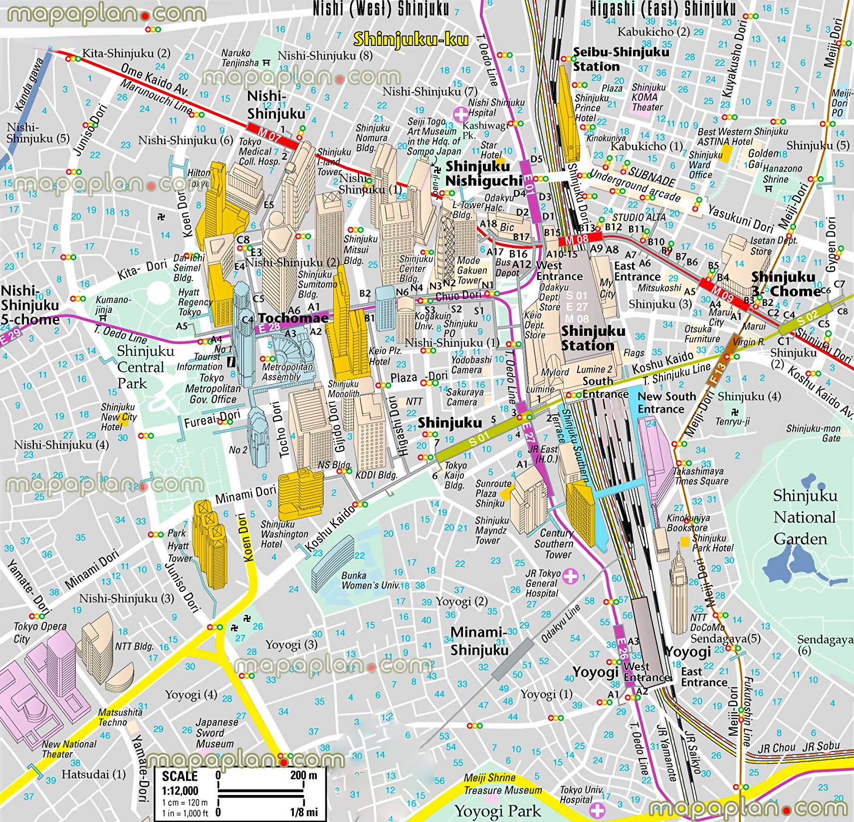 shinjuku district metro station main interesting sites travel hot spots worth visiting shinjuku gyoen garden central park opera city japanese sword museum hyatt regency hotel tochomae nishishinjukus Tokyo top tourist attractions map