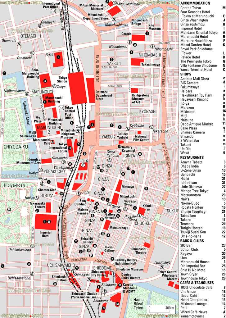 ginza shopping area layout hotel accommodation restaurants teahouses jnto tic japan national tourist organization information center station kite museum national film centre idemitsu arts daimaru department store gallery natsuka central wholesale markets Tokyo top tourist attractions map