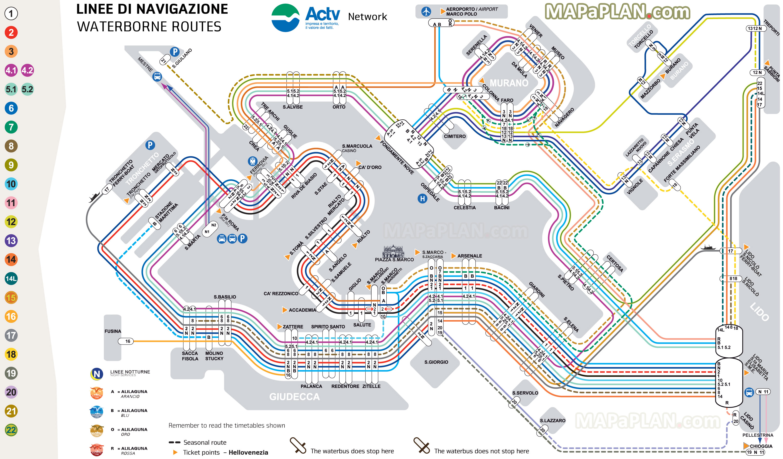 Water bus transit lines stations Vaporetto Actv public transport planner Venice top tourist attractions map