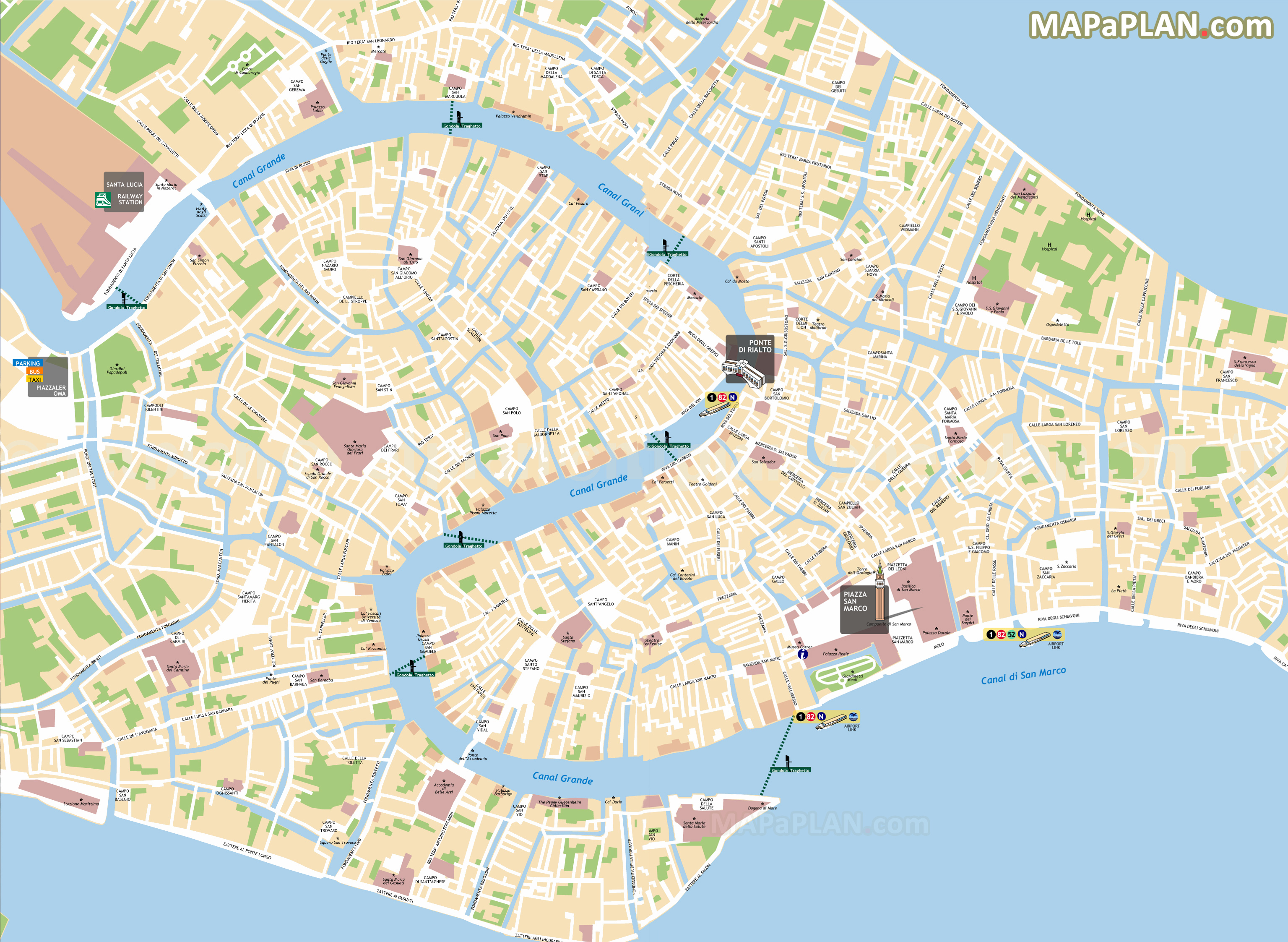 Gondola ferries traghetto bridges on Grand Canal Venice top tourist attractions map