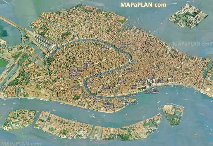 Grand Canal main buildings birds eye 3d aerial view Venice top tourist attractions map