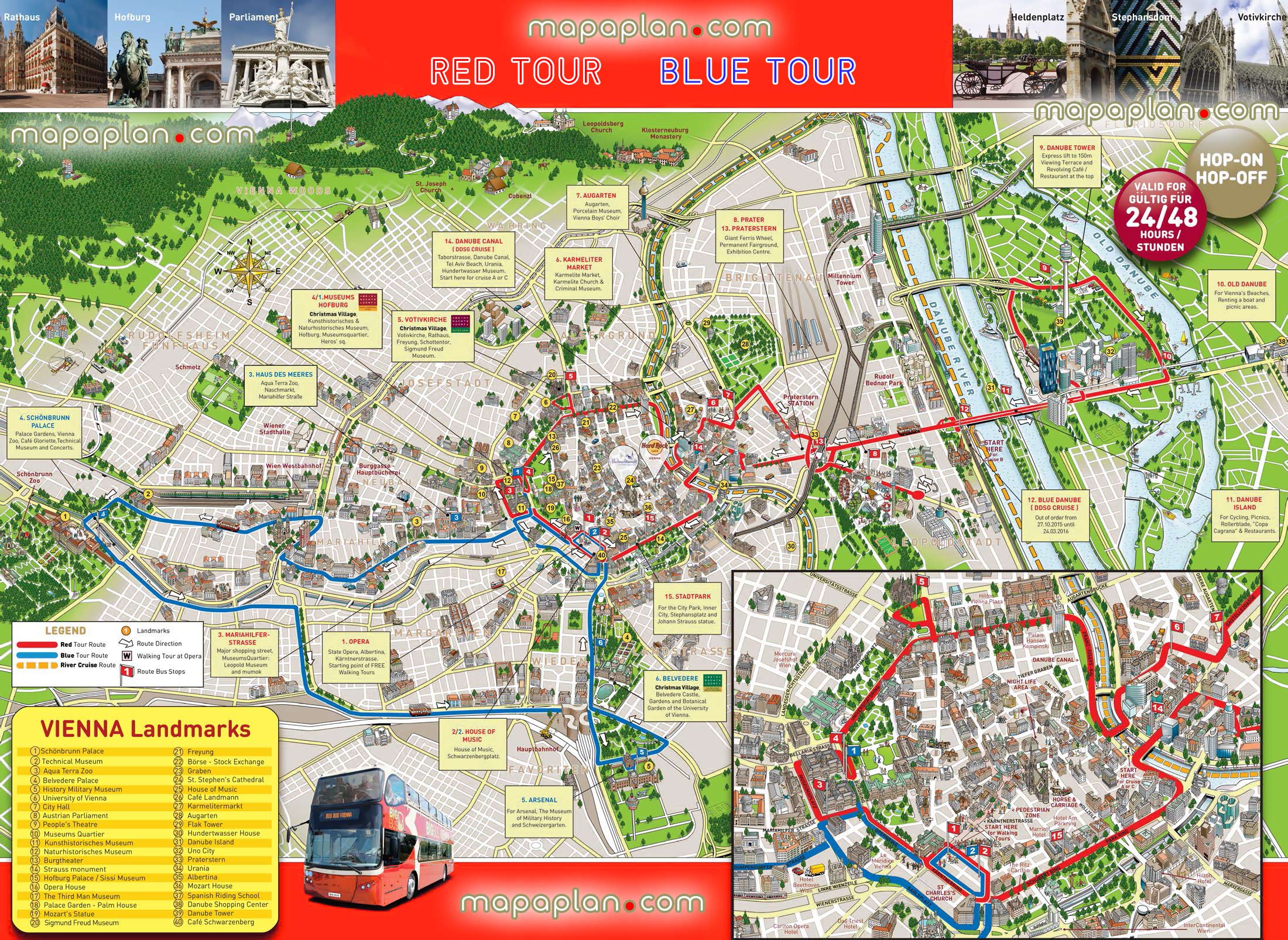 hop hop off bus Vienna sightseeing tour double decker open top red couch visitors plan tour routes birds eye graphical overview big bus city sightseeing trip highlights travel sites landmarkss Vienna Top tourist attractions map