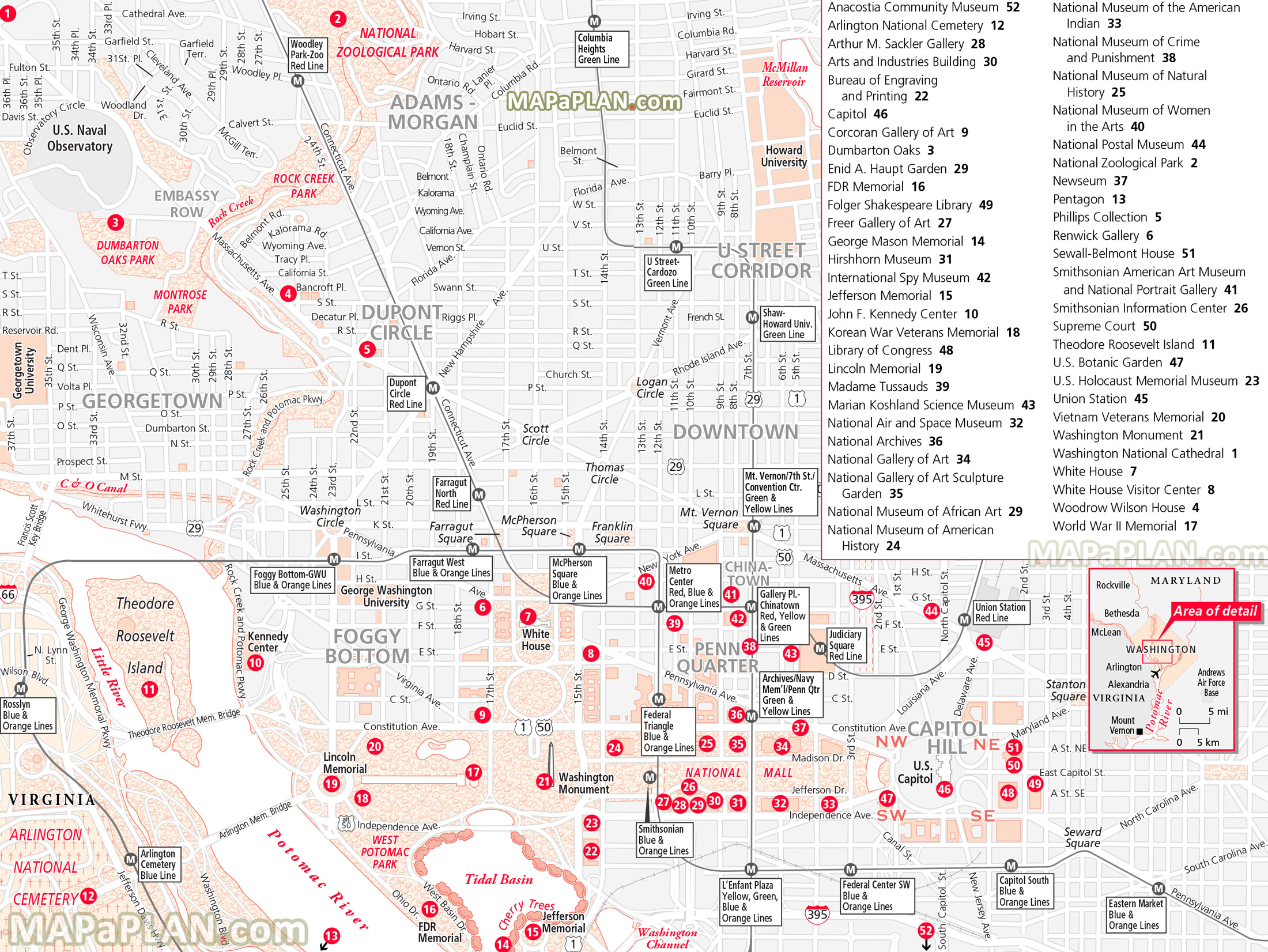 three day trip list attractions what to see where to go what to do us naval observatory tidal basin Washington DC top tourist attractions map