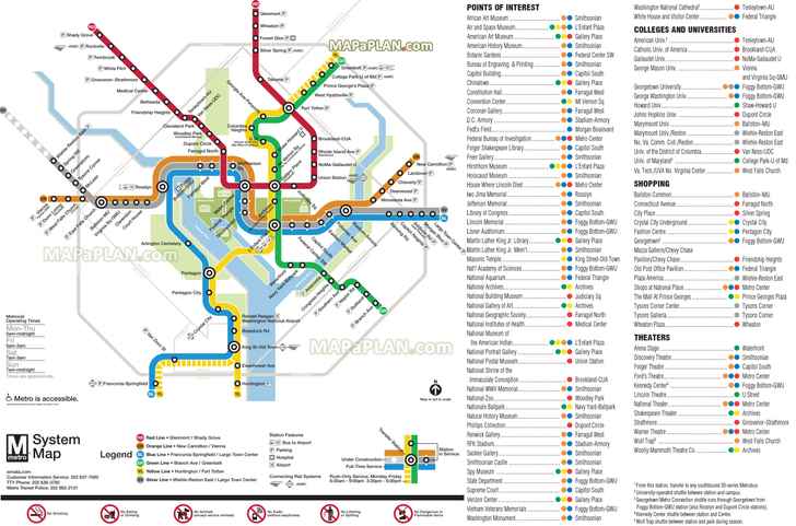 metrorail metro lines transit subway underground tube diagram railway train union station shopping malls Washington DC top tourist attractions map