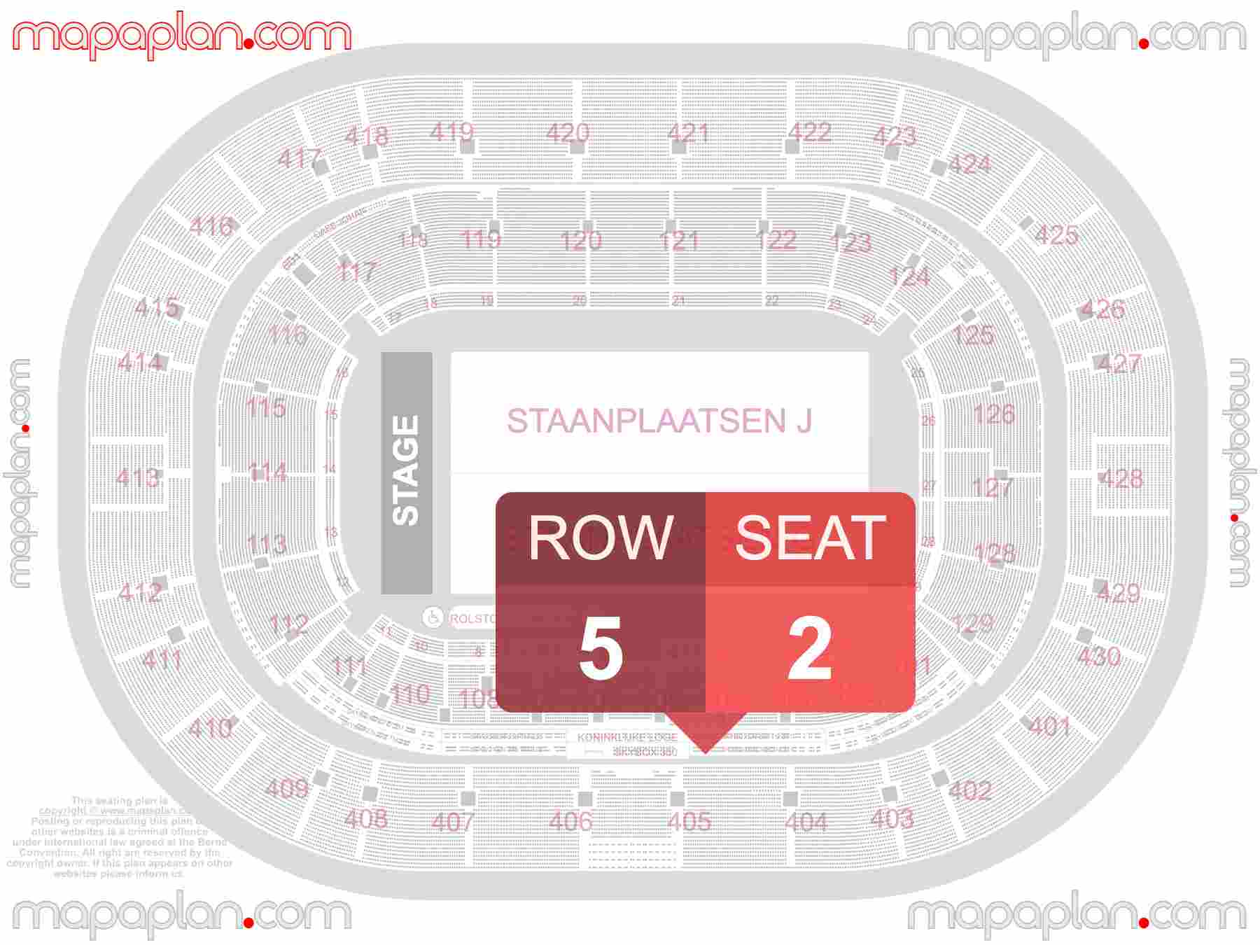 Amsterdam Johan Cruijff ArenA seating plan Concert & Football Voetbal stadion vakken rijen stoelen plattegrond met goede zitplaatsen stoelnummers en rijnummers detailed seat numbers and row numbering plan with interactive map map layout
