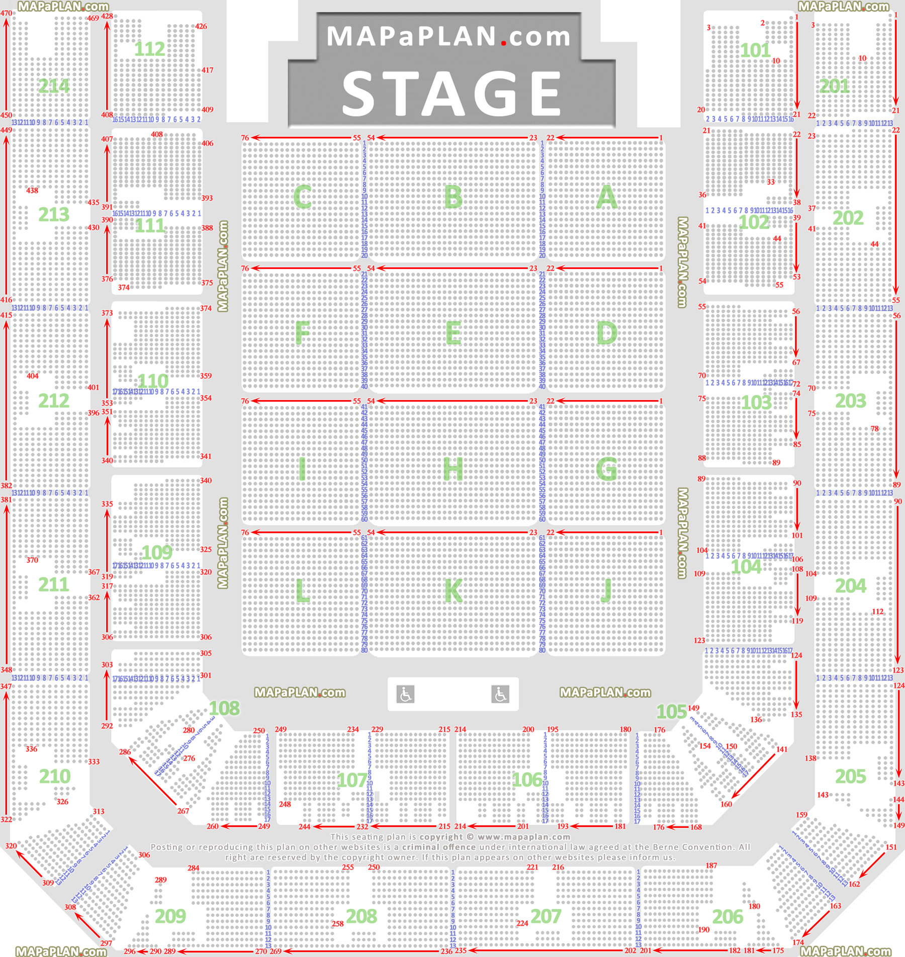 detailed seat numbers layout zitplaatsen geplaceerd stoelnummers rijen vakken nummers eerste tweede ring sectie zaal plattegrond Amsterdam Ziggo Dome seating plan