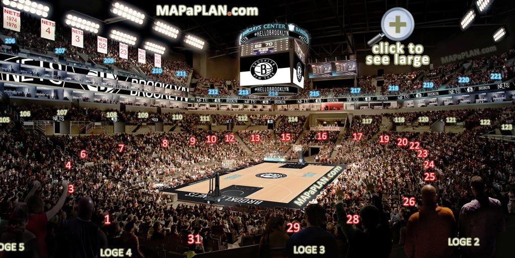 View from Loge 3 Row 1 Seat 4 Nets basketball game Virtual interactive tour inside bowl levels Barclays Center Brooklyn seating chart