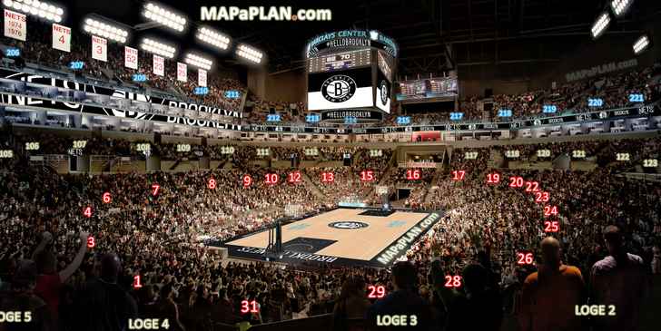 View from Loge 3 Row 1 Seat 4 Nets basketball game Virtual interactive tour inside bowl levels Barclays Center Brooklyn seating chart