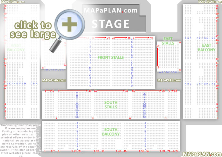 detailed seat row numbers concert chart flat front stalls raised west east south balcony Brighton Centre seating plan