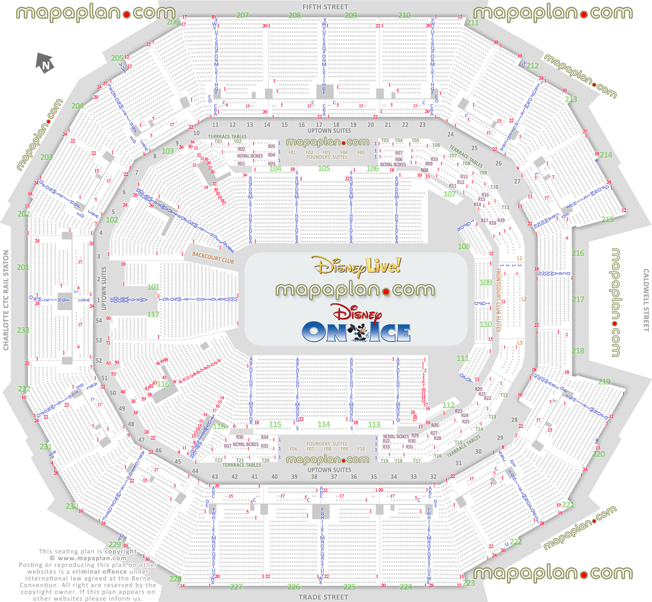 disney live ice charlotte usa best seat finder 3d interactive tool precise detailed aisle seat row numbering location data plan ice rink event floor level lower bowl concourse upper balcony seating uptown founders suites frontcourt backcourt club terrace tables royal boxes Charlotte Spectrum Center seating chart