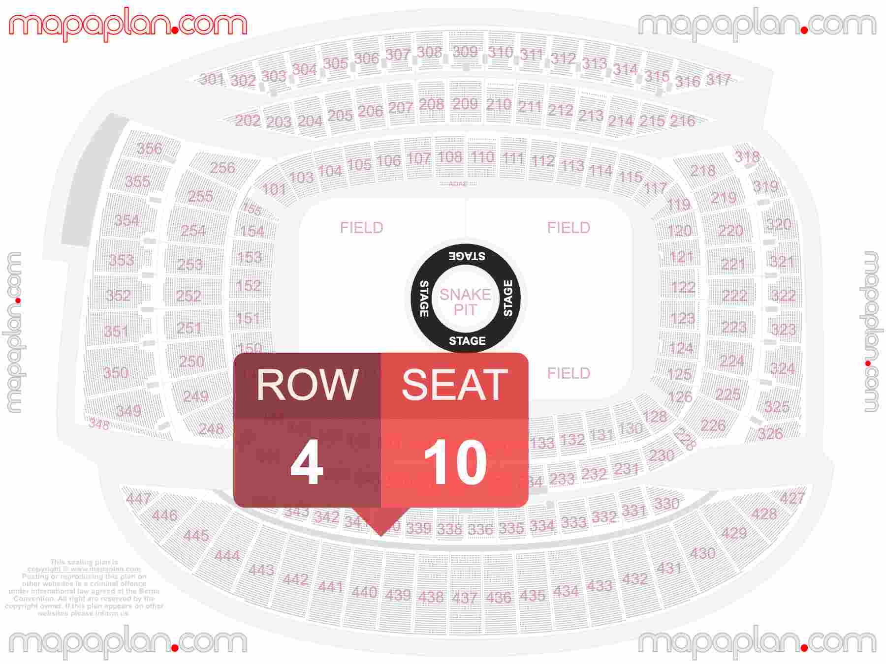 Chicago Soldier Field seating chart Concert 360 in the round stage interactive seating checker map plan showing seat numbers per row - Ticket prices sections review diagram