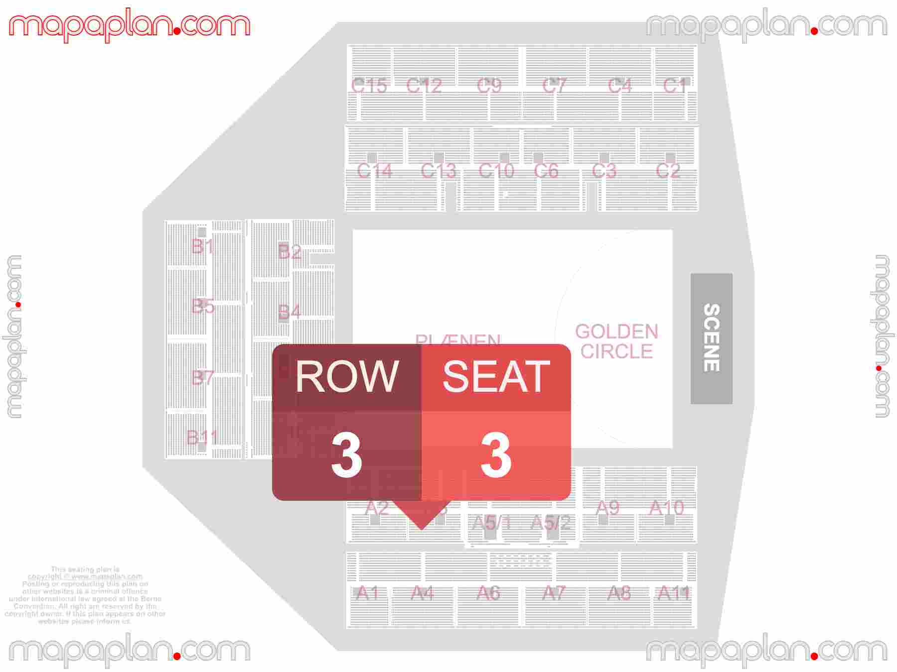 Copenhagen Parken Stadium seating plan Concert with PIT floor standing Bedste pladser og gulv stpladser udsigt sal plan med pladsnumre sdenummerering - inside capacity view arrangement map - Interactive virtual 3d best seats & rows detailed stadium image configuration layout
