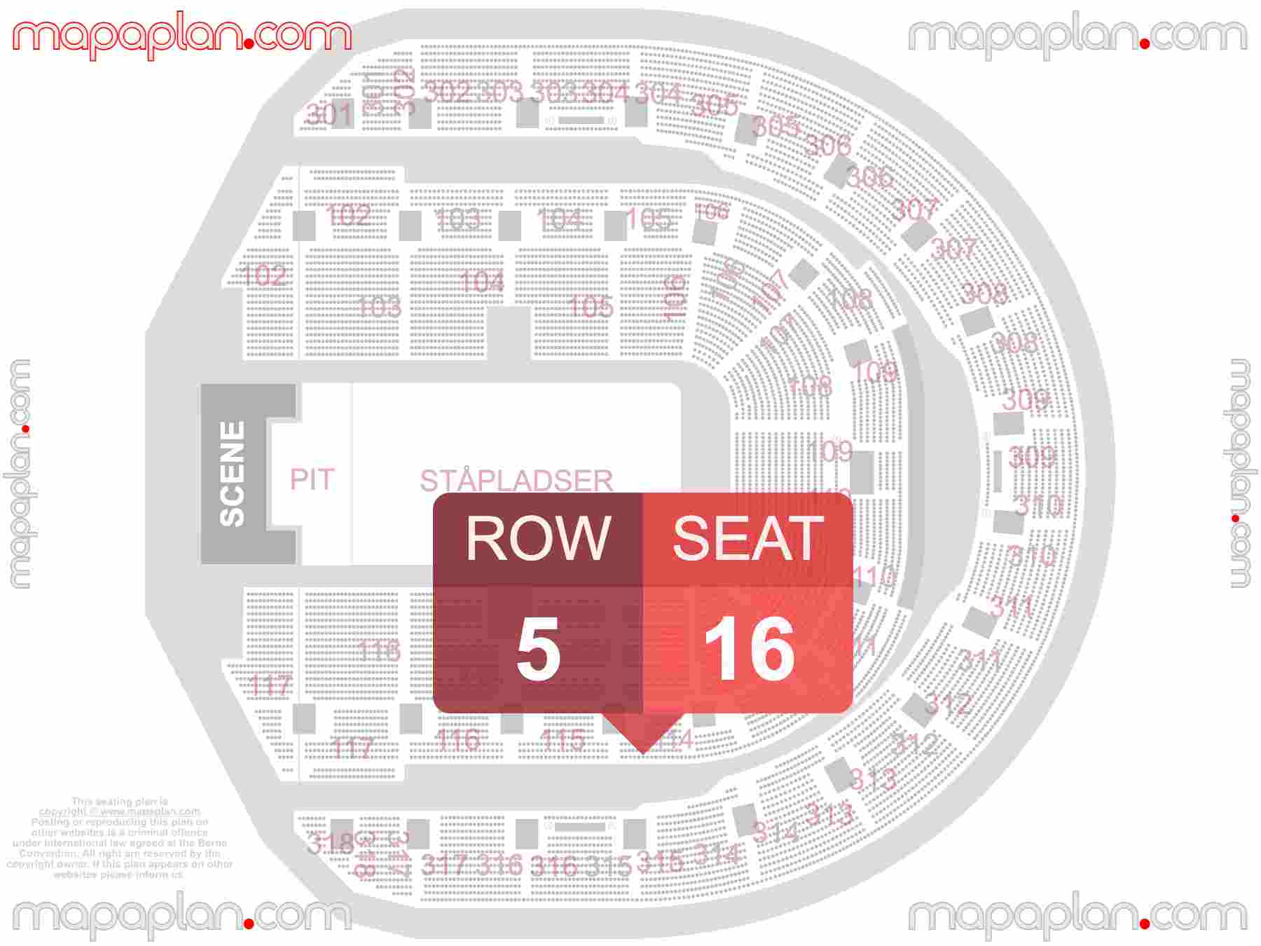 Copenhagen Royal Arena seating plan Concert with PIT floor standing Bedste pladser og gulv stpladser udsigt sal plan med pladsnumre sdenummerering - inside capacity view arrangement map - Interactive virtual 3d best seats & rows detailed stadium image configuration layout