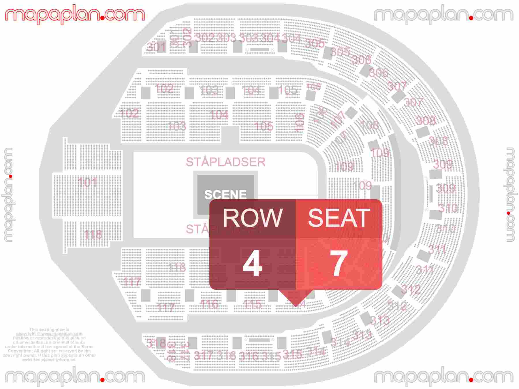 Copenhagen Royal Arena seating plan Concert 360 in the round stage Kbenhavn Arena siddeplan oversigt plantegning med siddepladser og rkke nummerering - seating plan with exact section numbers showing best rows and seats selection 3d layout - Best interactive seat finder tool with precise detailed location data