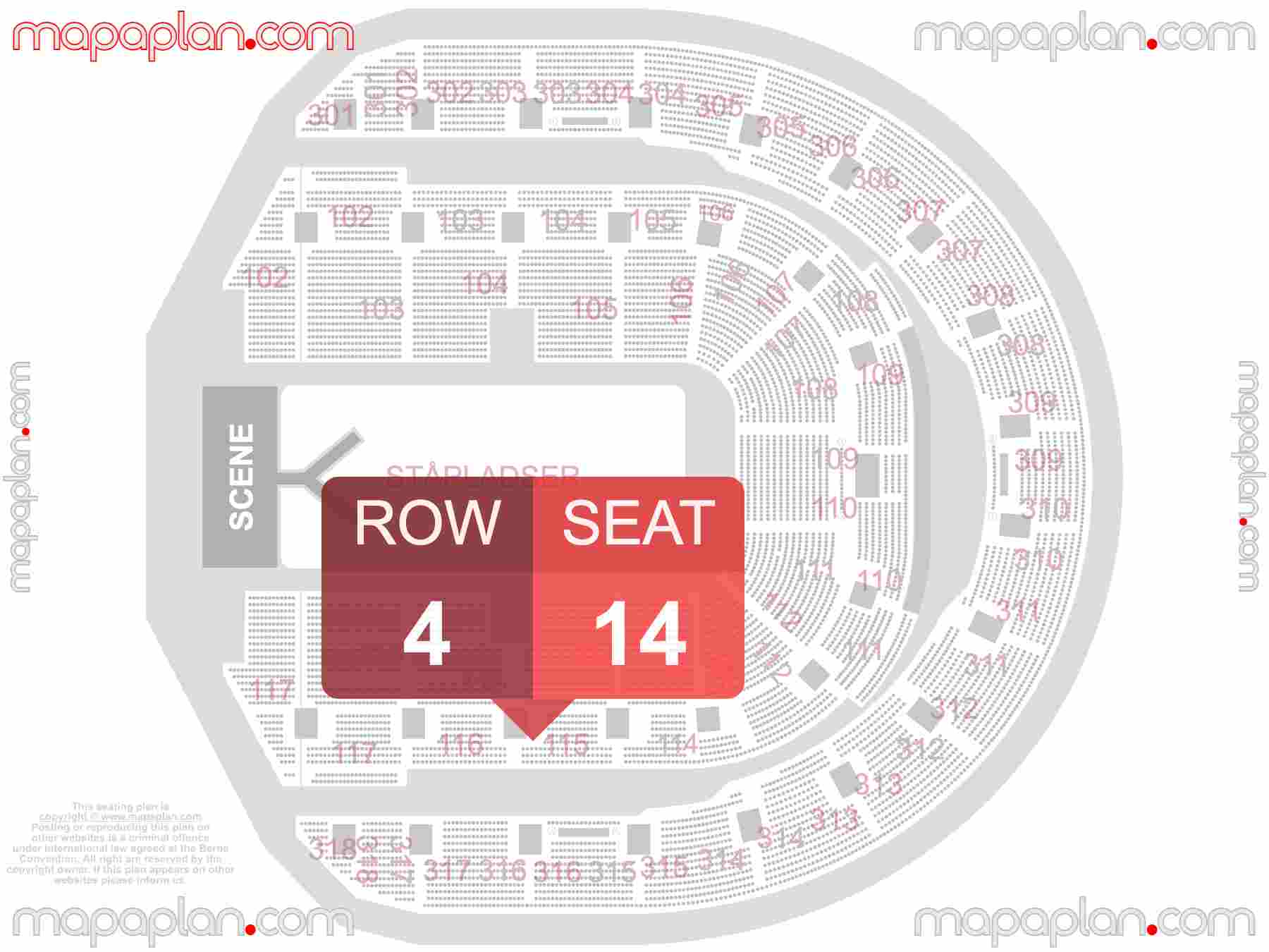 Copenhagen Royal Arena seating plan Concert with catwalk stage Bedste pladser og scene udsigt sal plan med pladsnumre sdenummerering - find best seats row numbering system map showing how many seats per row - Individual find my seat virtual locator