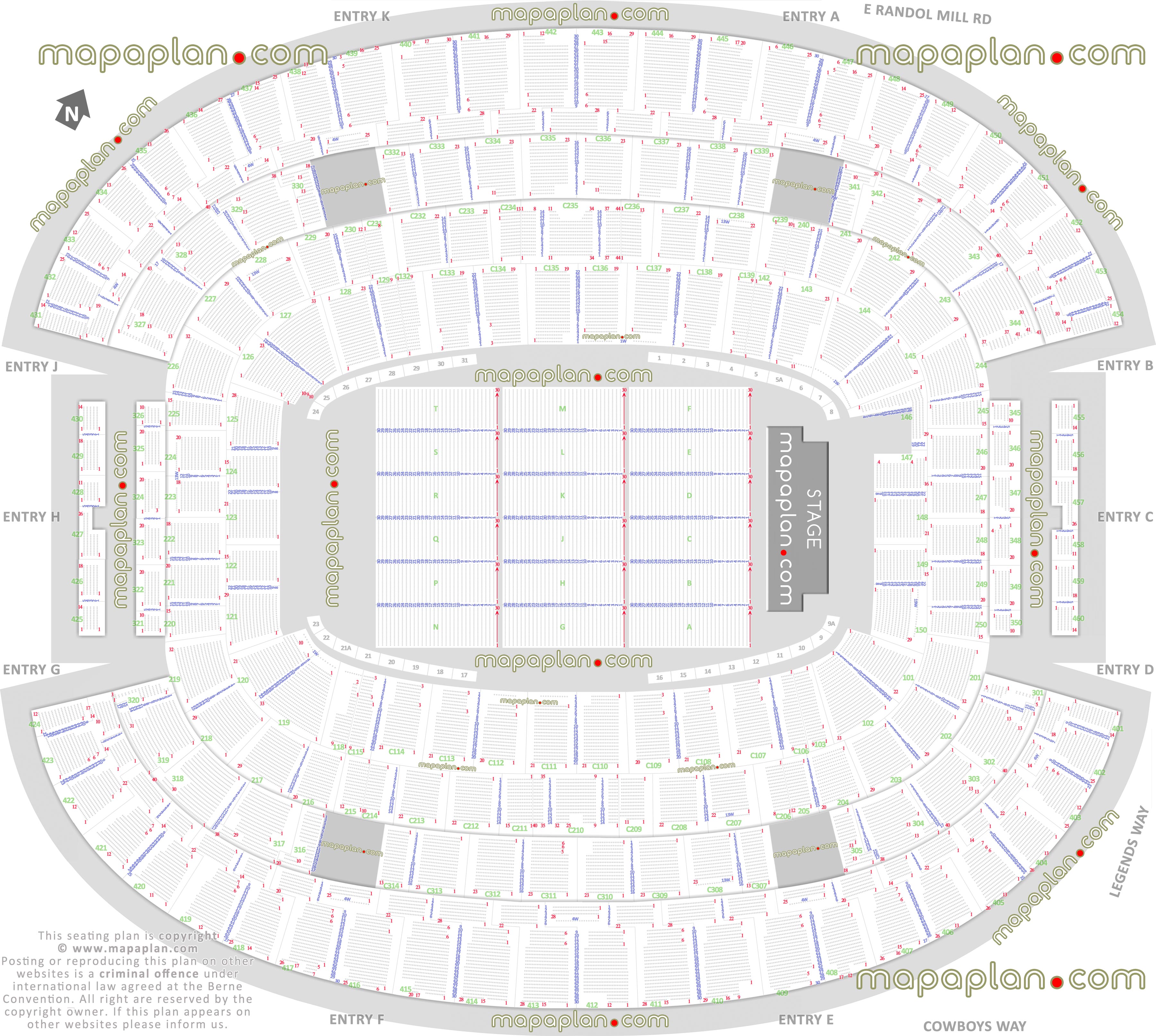 detailed seat row numbers end stage concert sections floor plan map virtual 3d interactive layout Dallas Cowboys ATT Stadium seating chart