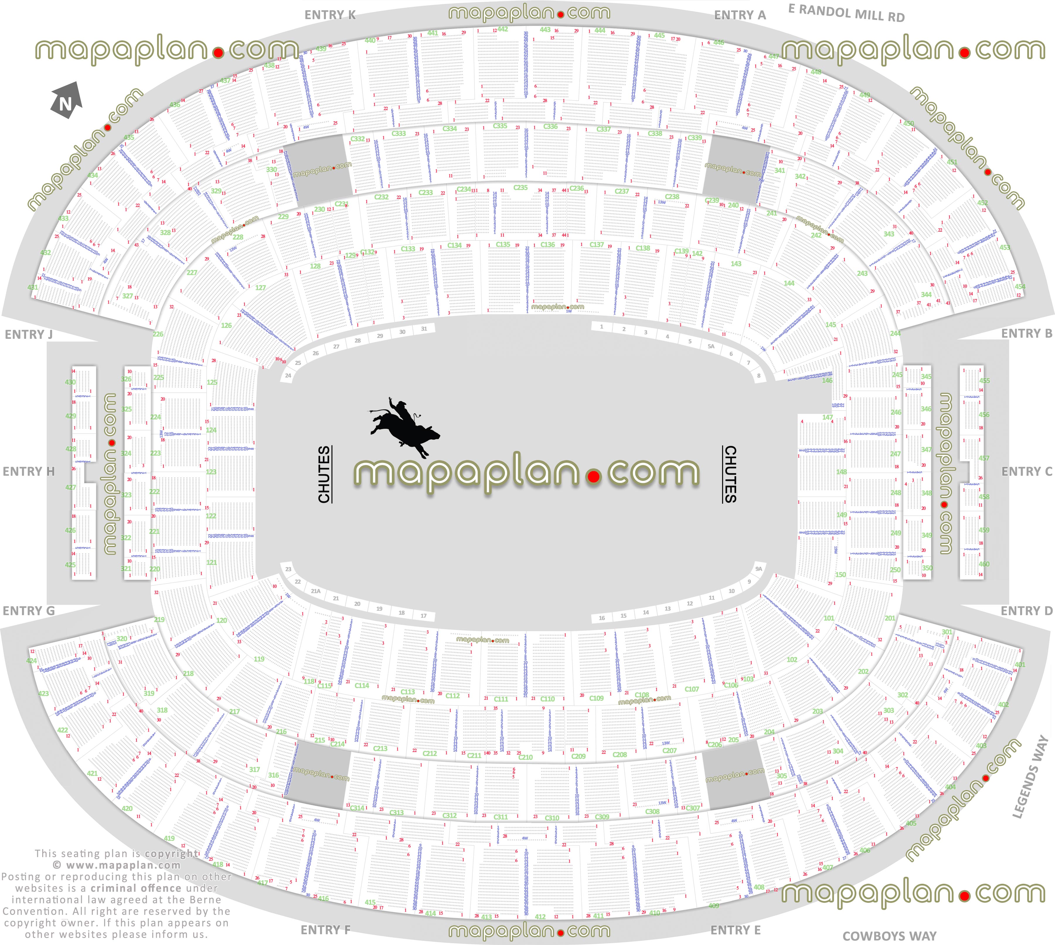 pbr professional bull riders rodeo dallas cowboys texas usa detailed seating capacity 3d arrangement arena row numbers layout lower club upper level main entrance gates exits map west east south north detailed fully seated chart setup standing room only sro areas wheelchair disabled handicap accessible seats plan sections 319 327 333 336 342 343 405 408 409 411 415 438 441 443 446 447 Dallas Cowboys ATT Stadium seating chart