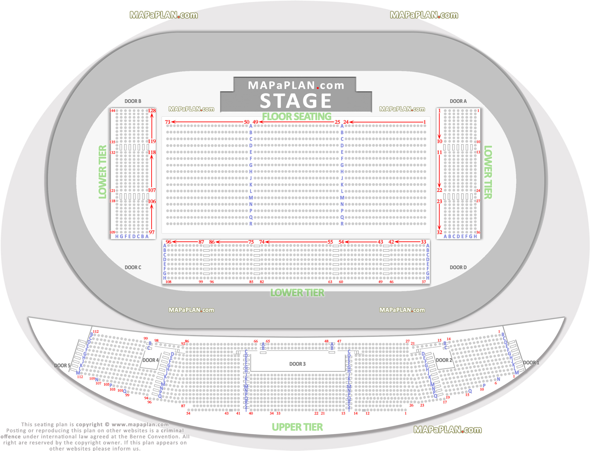 detailed seat row numbers concert stage chart floor map showing lower upper tier blocks Derby Velodrome Arena seating plan