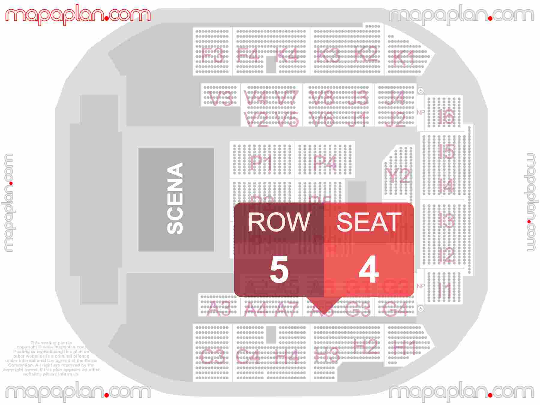 Mapa plan miejsc siedzących  Gdynia Polsat Plus Arena seating plan with seat & row numbers Numeracja oraz plan miejsc i rzędów widowni na koncert - Układ sektorów areny - Dokładny interaktywny rozkład trybun stadionu