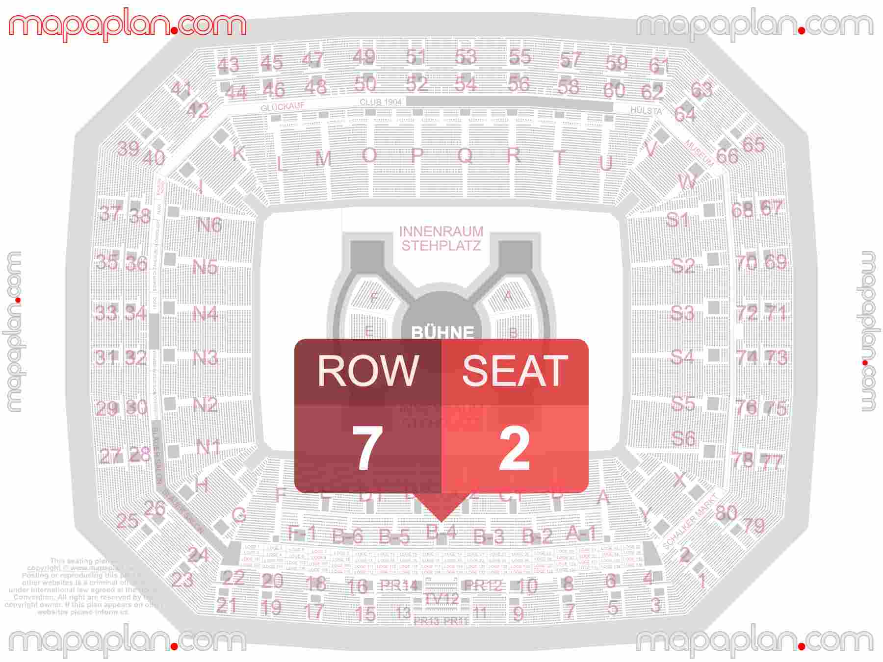 Gelsenkirchen Veltins Arena AufSchalke seating plan Concert 360 in the round stage Übersichtsplan mit Innenraum Steh- & Sitzplätze Numerierung & Reihen seating plan with exact section numbers showing best rows and seats selection 3d layout - Best interactive seat finder tool with precise detailed location data