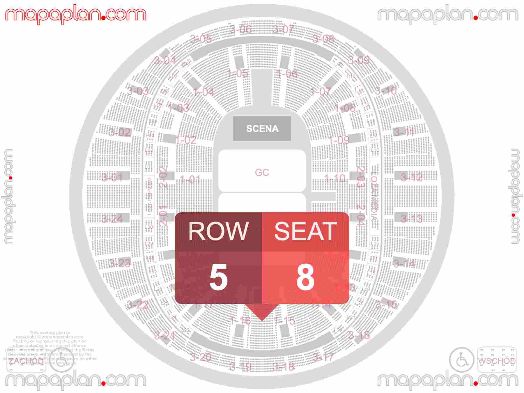 Mapa plan miejsc siedzących Gliwice PreZero Arena seating plan with seat & row numbers Numeracja oraz plan miejsc i rzędów widowni na koncert - Układ sektorów areny - Dokładny interaktywny rozkład trybun stadionu