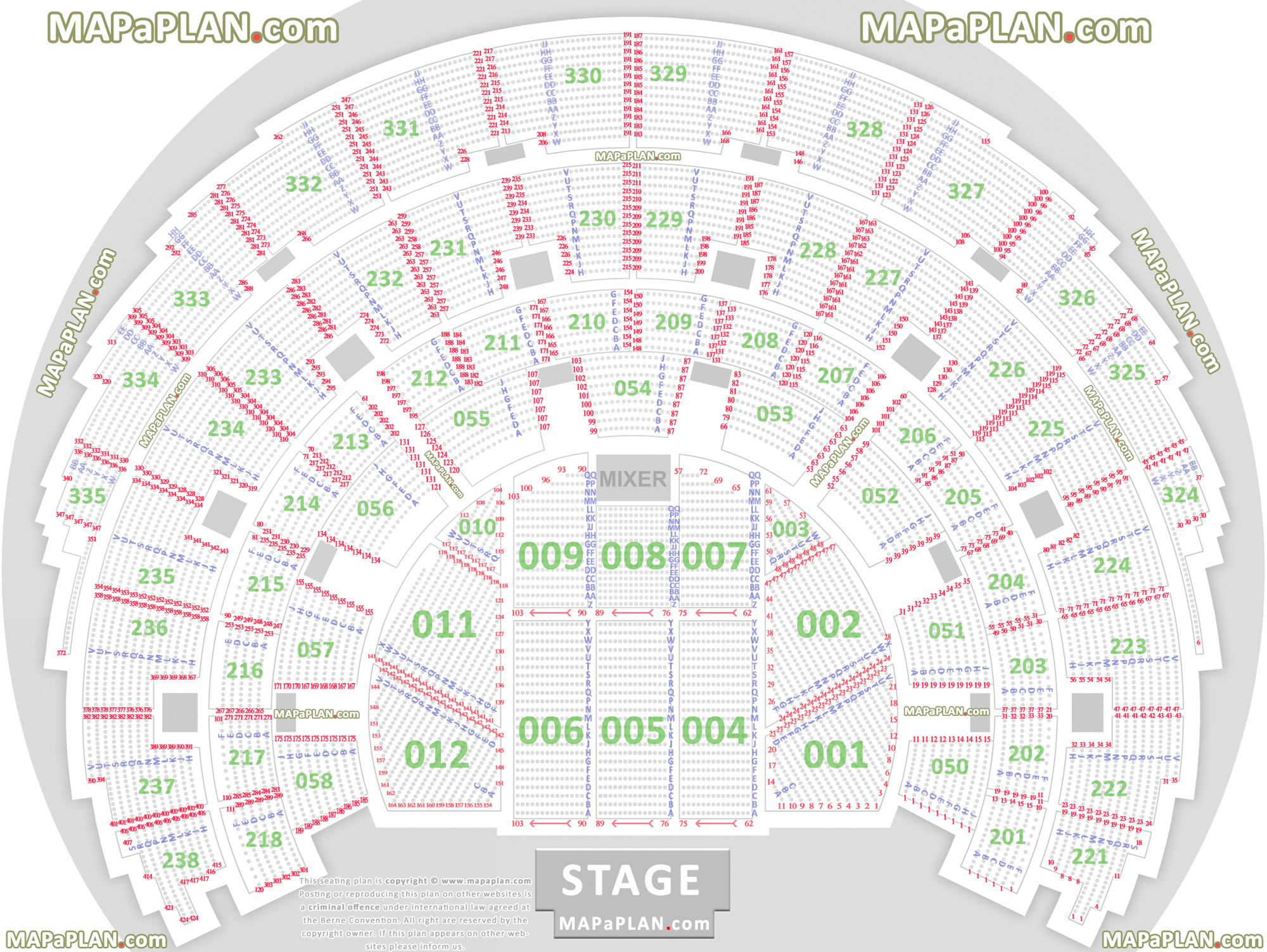 Detailed seat numbers chart with rows and blocks layout Hydro SSE Arena Glasgow seating plan