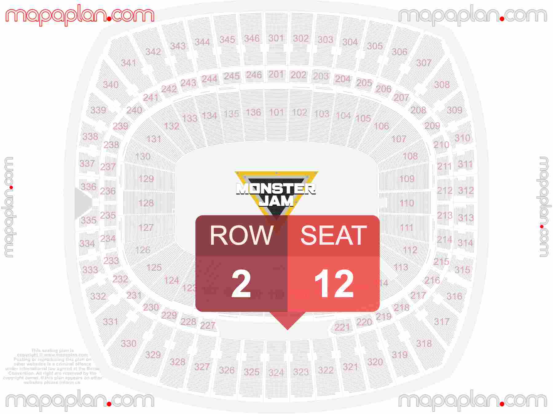Kansas City GEHA Field Arrowhead Stadium seating chart Monster Jam trucks interactive seating checker map plan showing seat numbers per row - Ticket prices sections review diagram