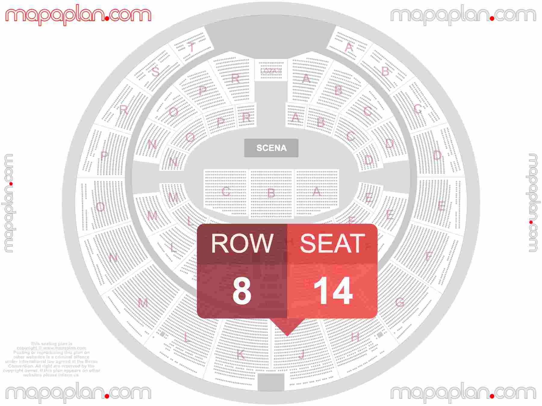 Mapa plan miejsc siedzących  Katowice Spodek seating plan with seat & row numbers Numeracja oraz plan miejsc i rzędów widowni na koncert - Układ sektorów areny - Dokładny interaktywny rozkład trybun stadionu
