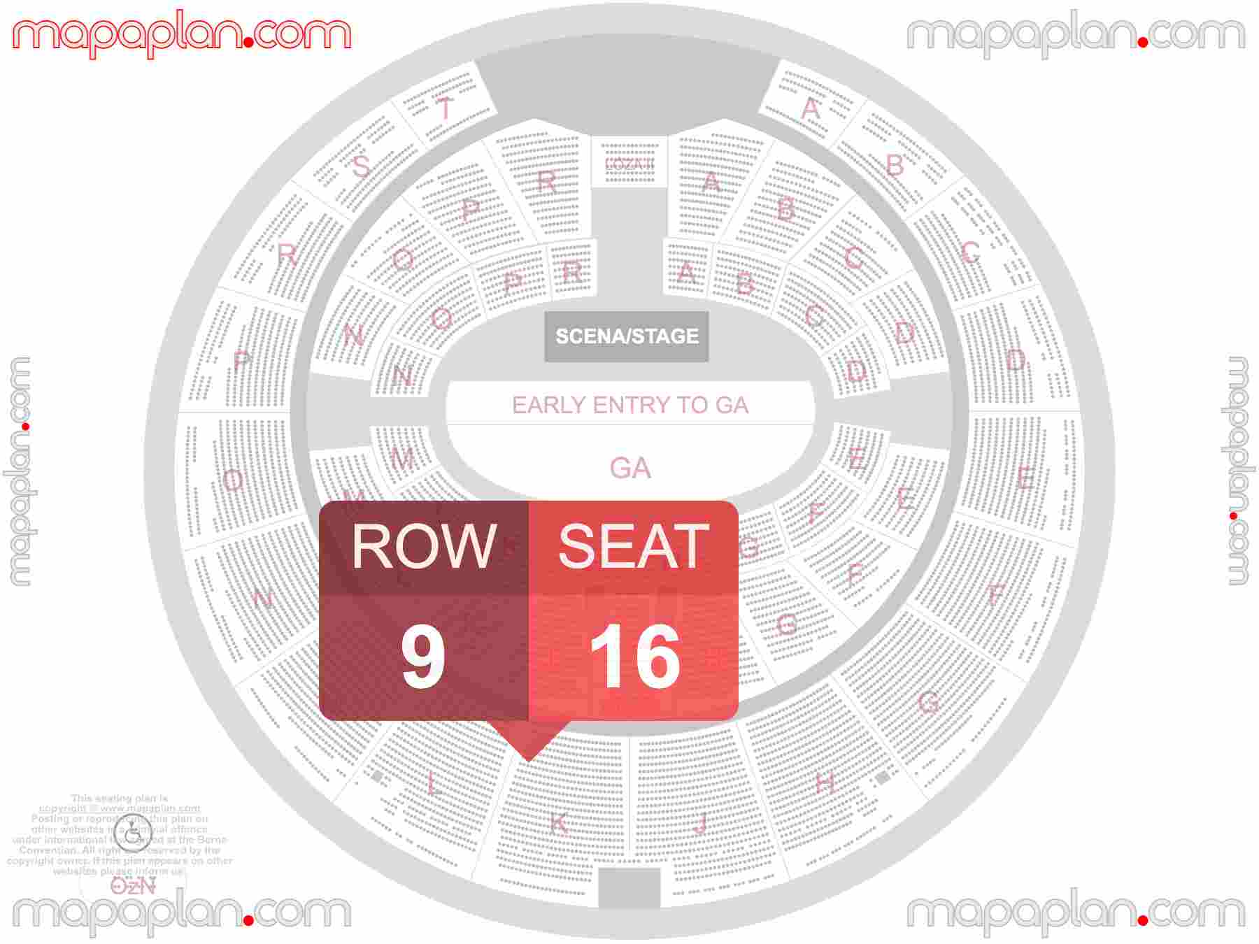 Mapa plan miejsc siedzących  Katowice Spodek seating plan with seat & row numbers Najlepsze miejsca rzędy sektory trybuny dolne & górne - Widok sceny obiektu