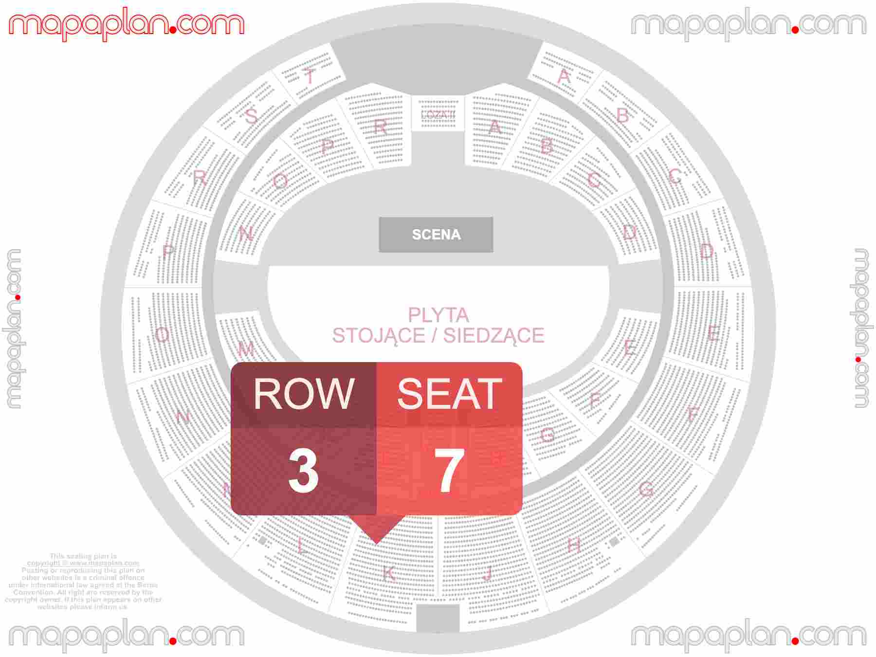Mapa plan miejsc siedzących  Katowice Spodek seating plan with seat & row numbers Płyta areny miejsca stojące - Numeracja oraz plan miejsc i rzędów widowni na koncert - Układ sektorów areny - Dokładny wirtualny rozkład trybun stadionu