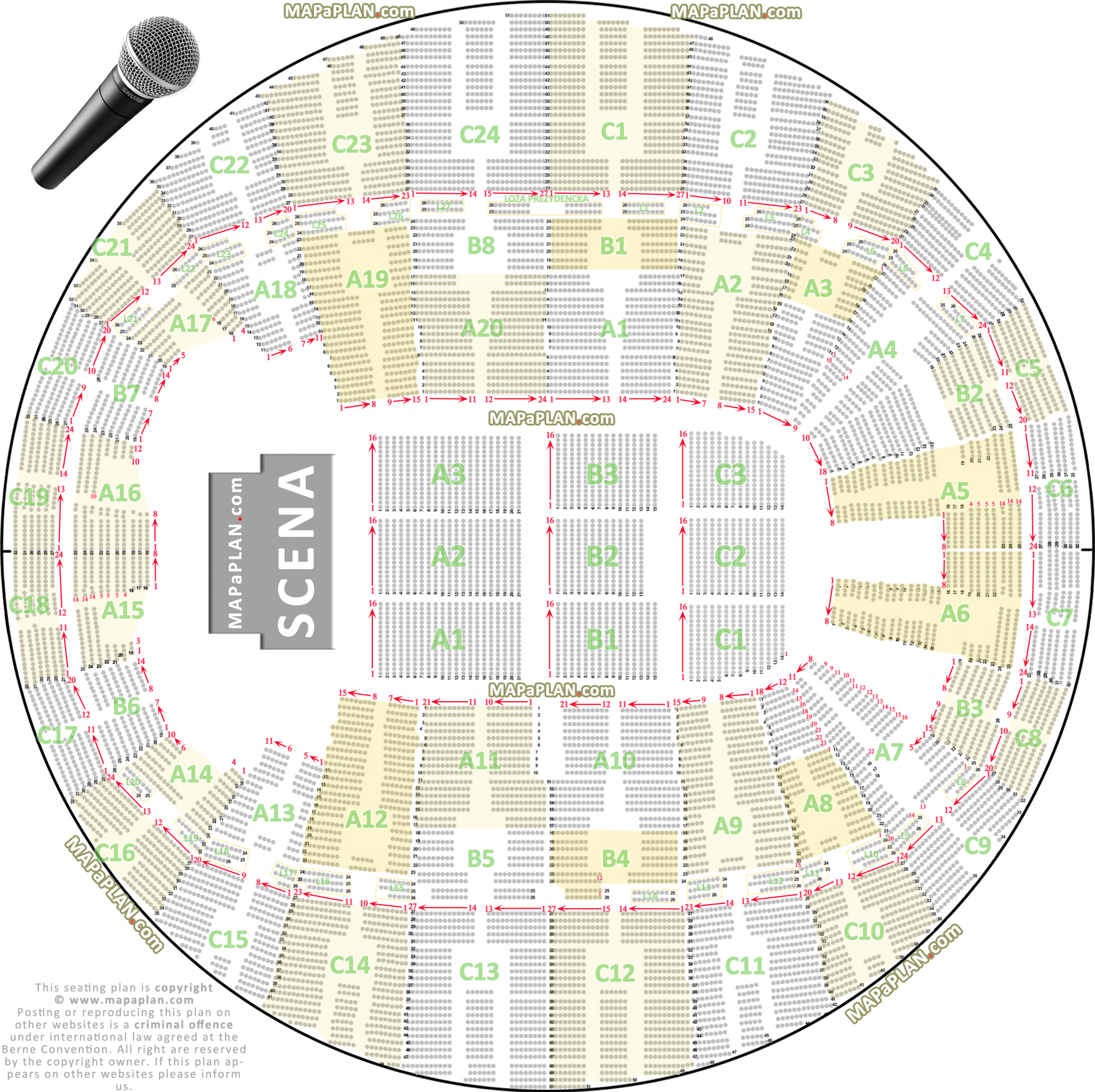 numeracja plan miejsc rzędów widowni układ sektorów sali pokazujacy dokładny rozkład trybun Kraków Tauron Arena plan miejsc widowni