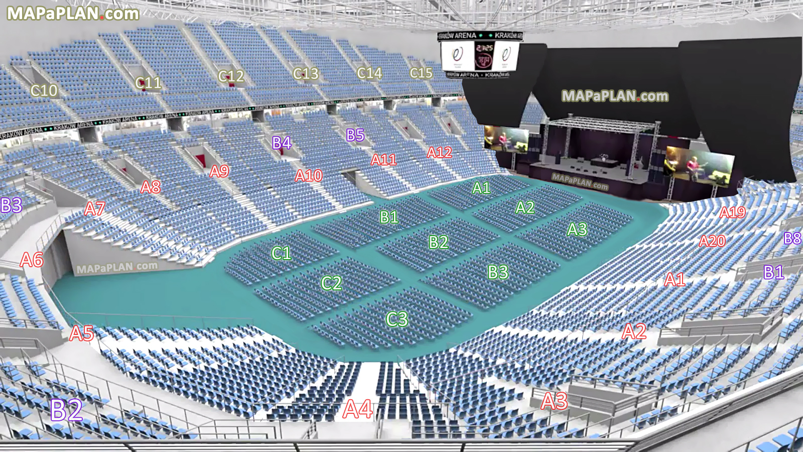 widok sektoru C3 rząd 30 miejsce 30 wirtualne rozmieszczenie dobrych miejsc widowni obiektu Kraków Tauron Arena plan miejsc widowni