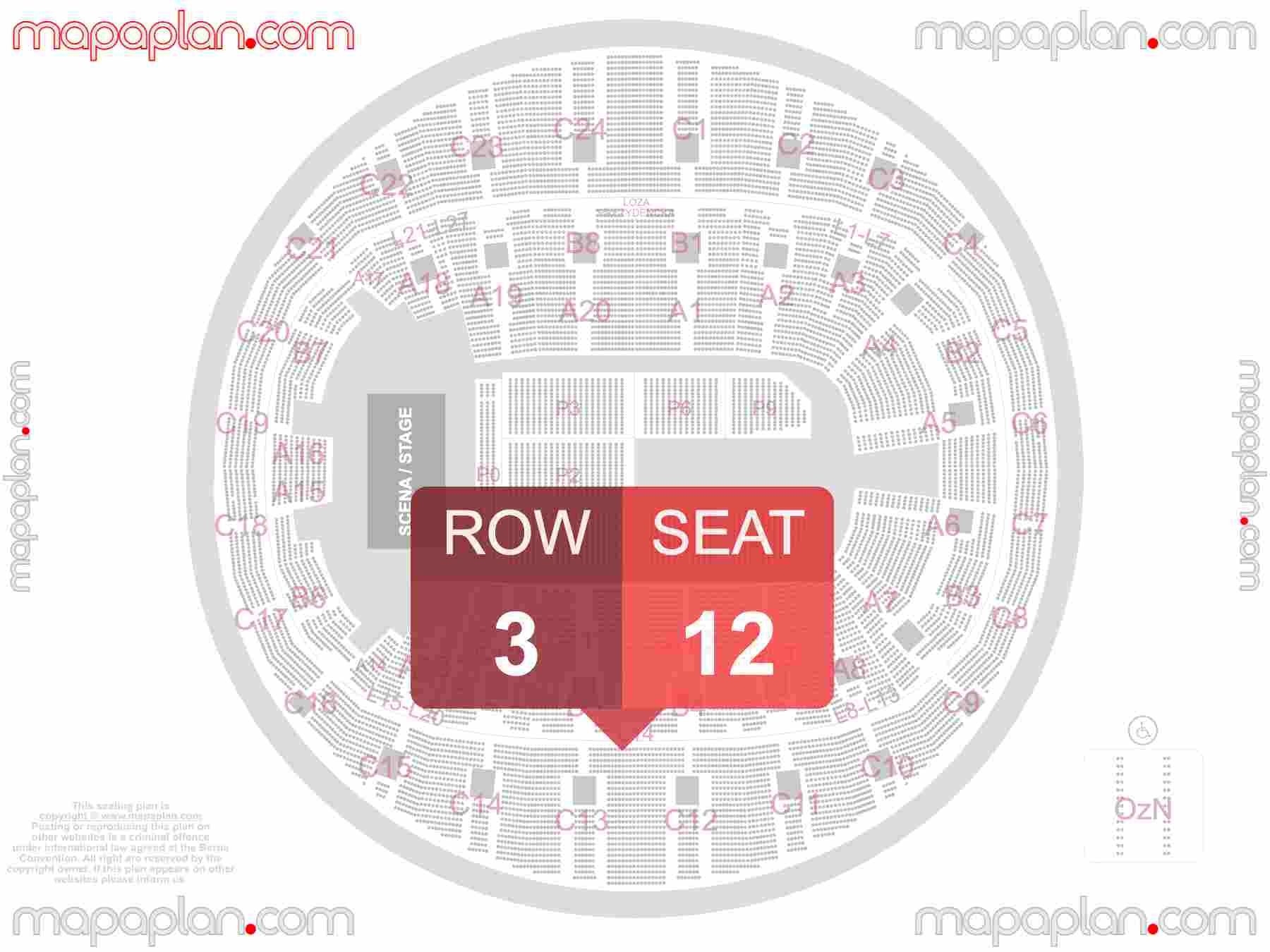 Mapa plan miejsc siedzących Kraków Tauron Arena seating plan with seat & row numbers Numeracja oraz plan miejsc i rzędów widowni na koncert - Układ sektorów areny - Dokładny interaktywny rozkład trybun stadionu