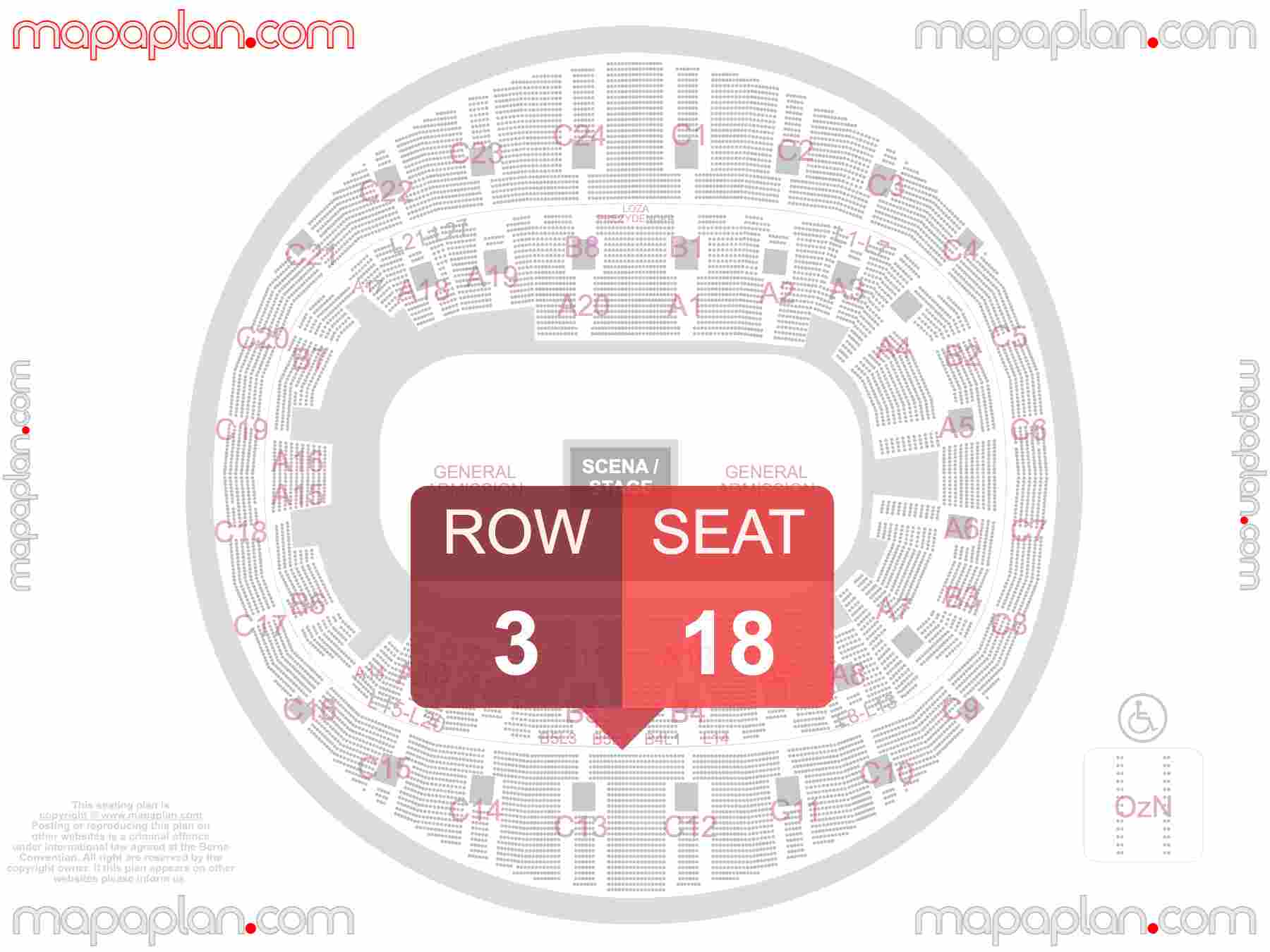 Mapa plan miejsc siedzących Kraków Tauron Arena seating plan with seat & row numbers Najlepsze miejsca rzędy sektory trybuny dolne & górne - Widok sceny obiektu
