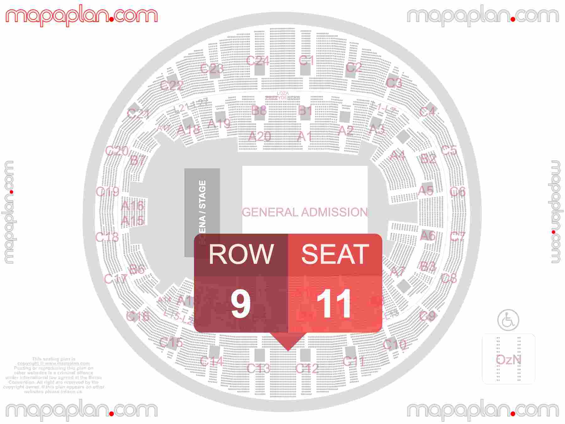 Mapa plan miejsc siedzących Kraków Tauron Arena seating plan with seat & row numbers Płyta areny miejsca stojące - Numeracja oraz plan miejsc i rzędów widowni na koncert - Układ sektorów areny - Dokładny interaktywny rozkład trybun hali stadionu
